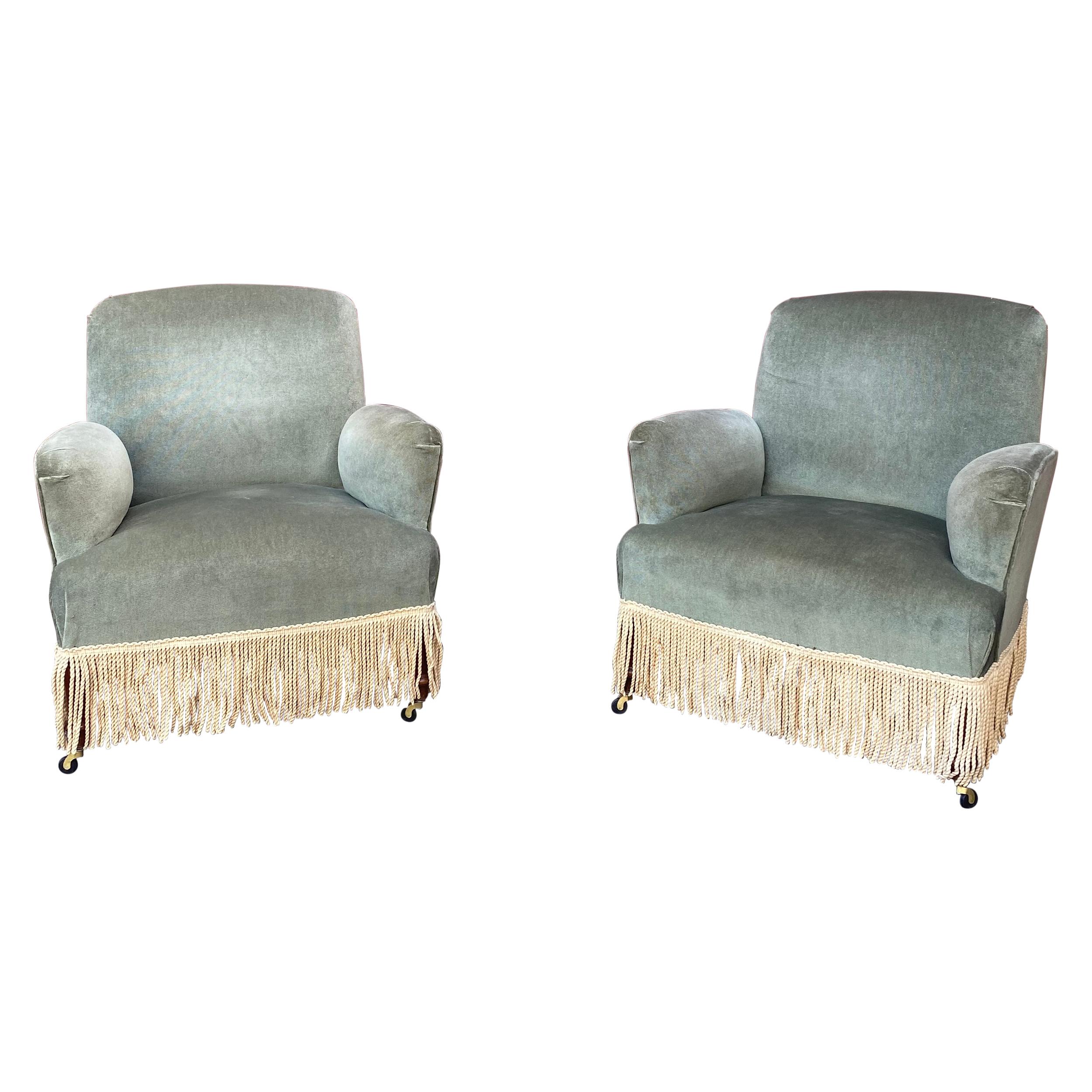 Pair of French Armchairs in Green Velvet