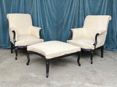 Pair of French Armchairs in Muslin with Matching Ottoman