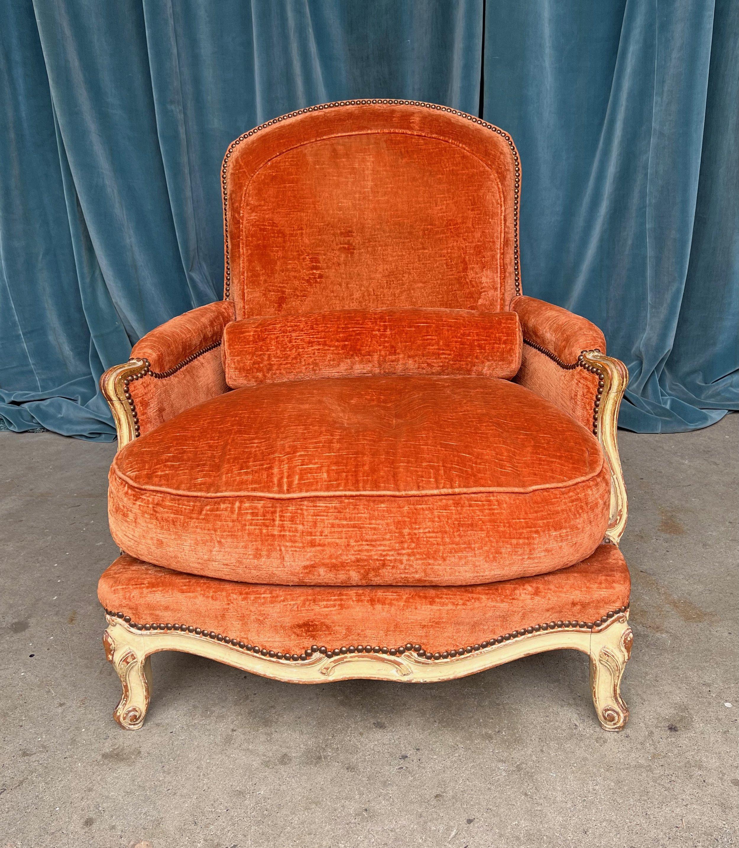 Pair of French Armchairs in Orange Velvet For Sale 1
