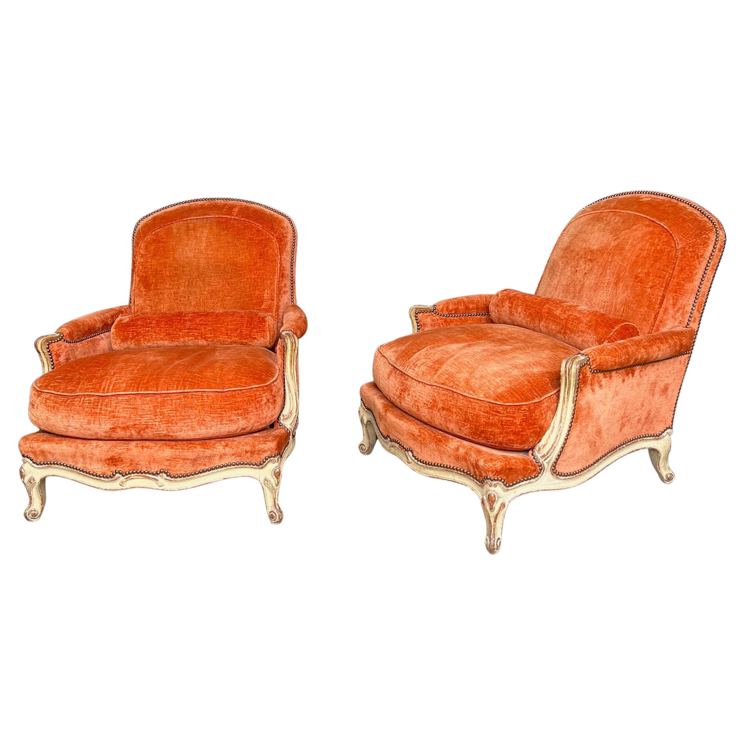 Pair of French Armchairs in Orange Velvet For Sale