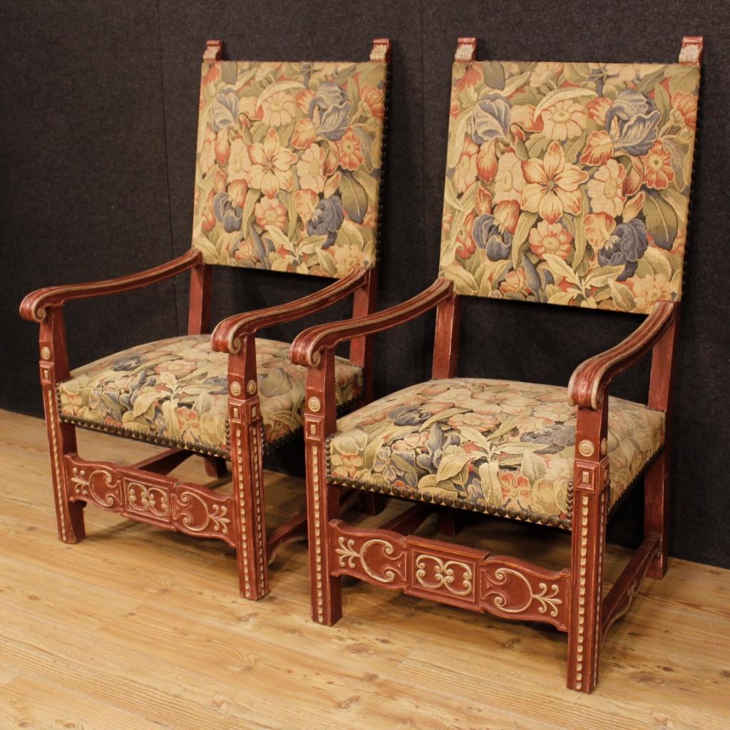 Renaissance Pair of French Armchairs in Painted Wood with Floral Fabric from 20th Century