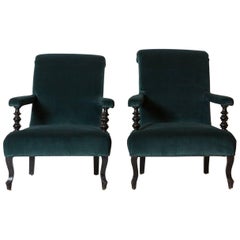 Pair of French Armchairs with Spindle Arms Upholstered in Teal Velvet