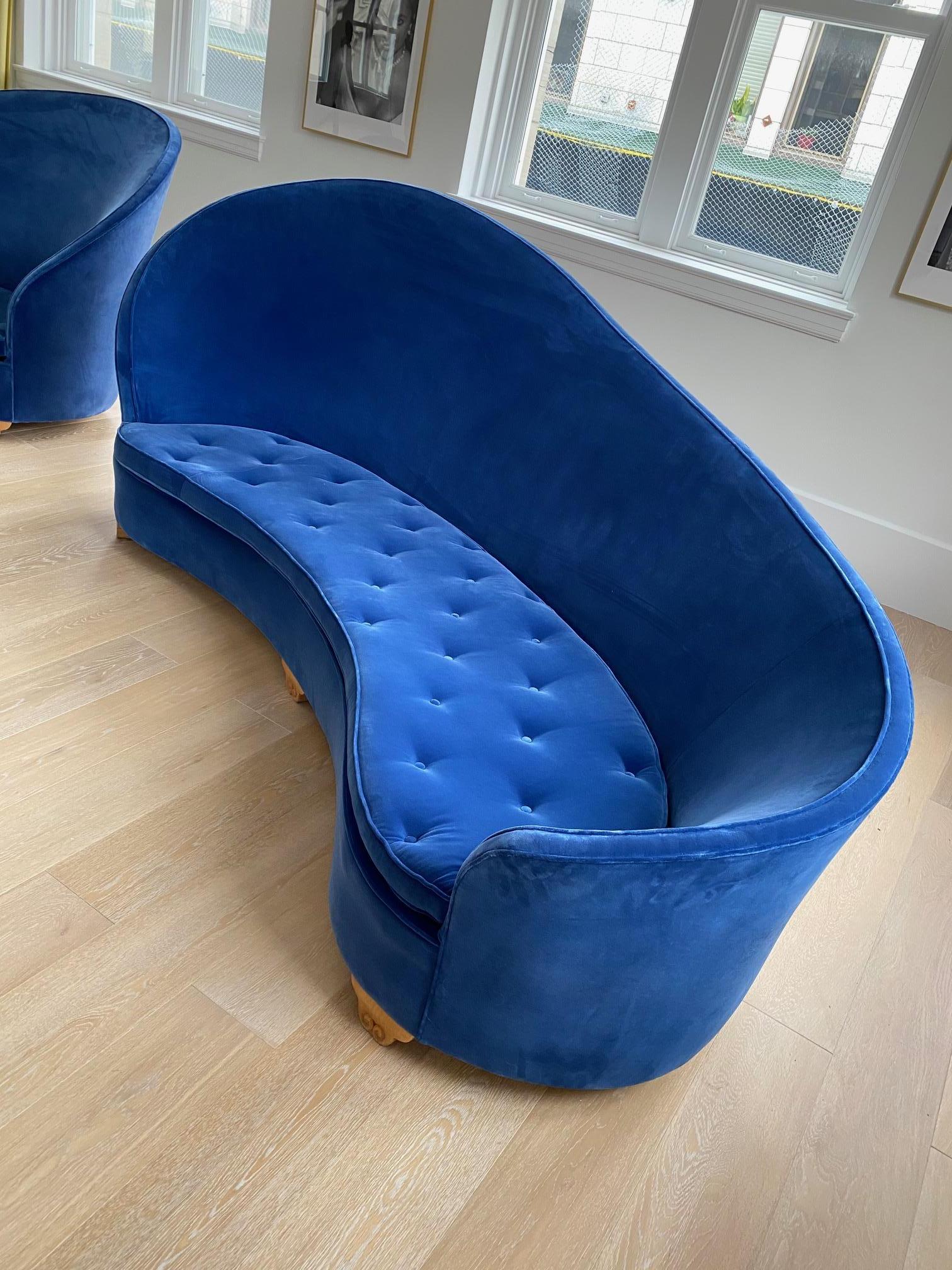 Pair of French Art Deco 1930s Blue Velvet Sofa's For Sale 5
