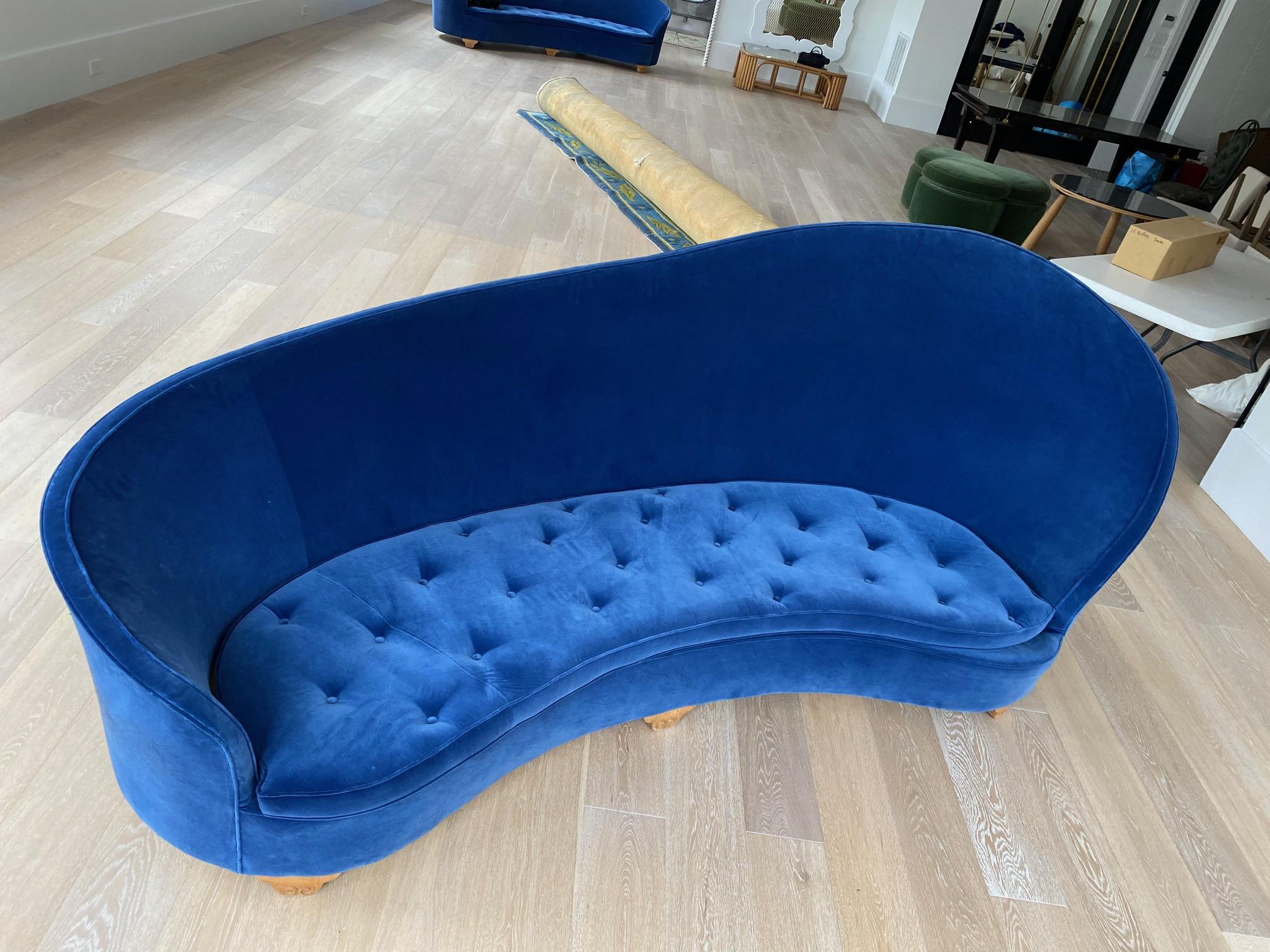 Mid-20th Century Pair of French Art Deco 1930s Blue Velvet Sofa's For Sale