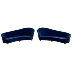 Vintage Pair of French Art Deco 1930s Blue Velvet Sofa's