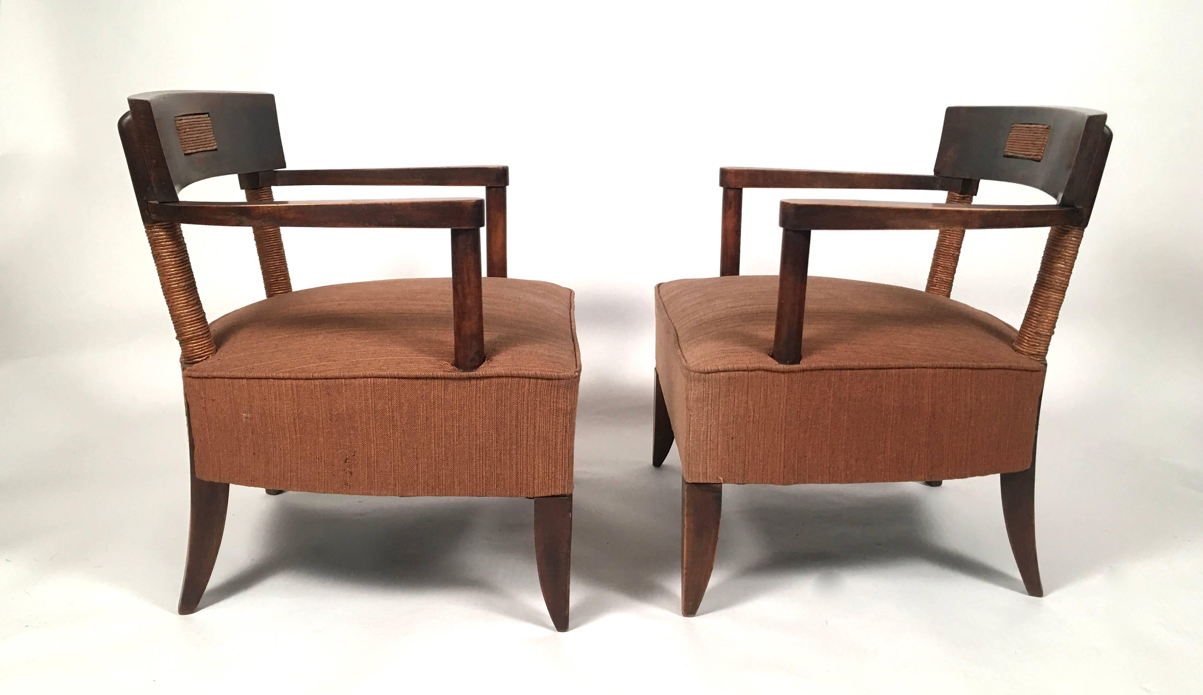 Carved Pair of French Art Deco African Inspired Oak and Paper Cord Armchairs