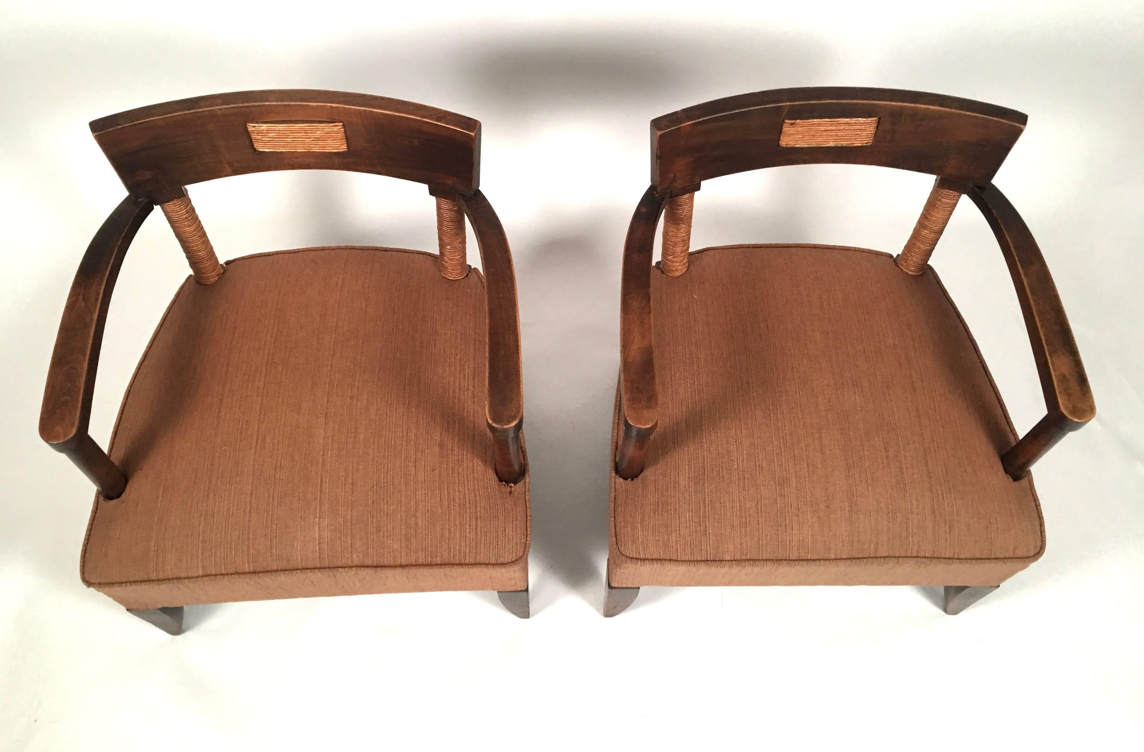 Pair of French Art Deco African Inspired Oak and Paper Cord Armchairs In Good Condition In Essex, MA