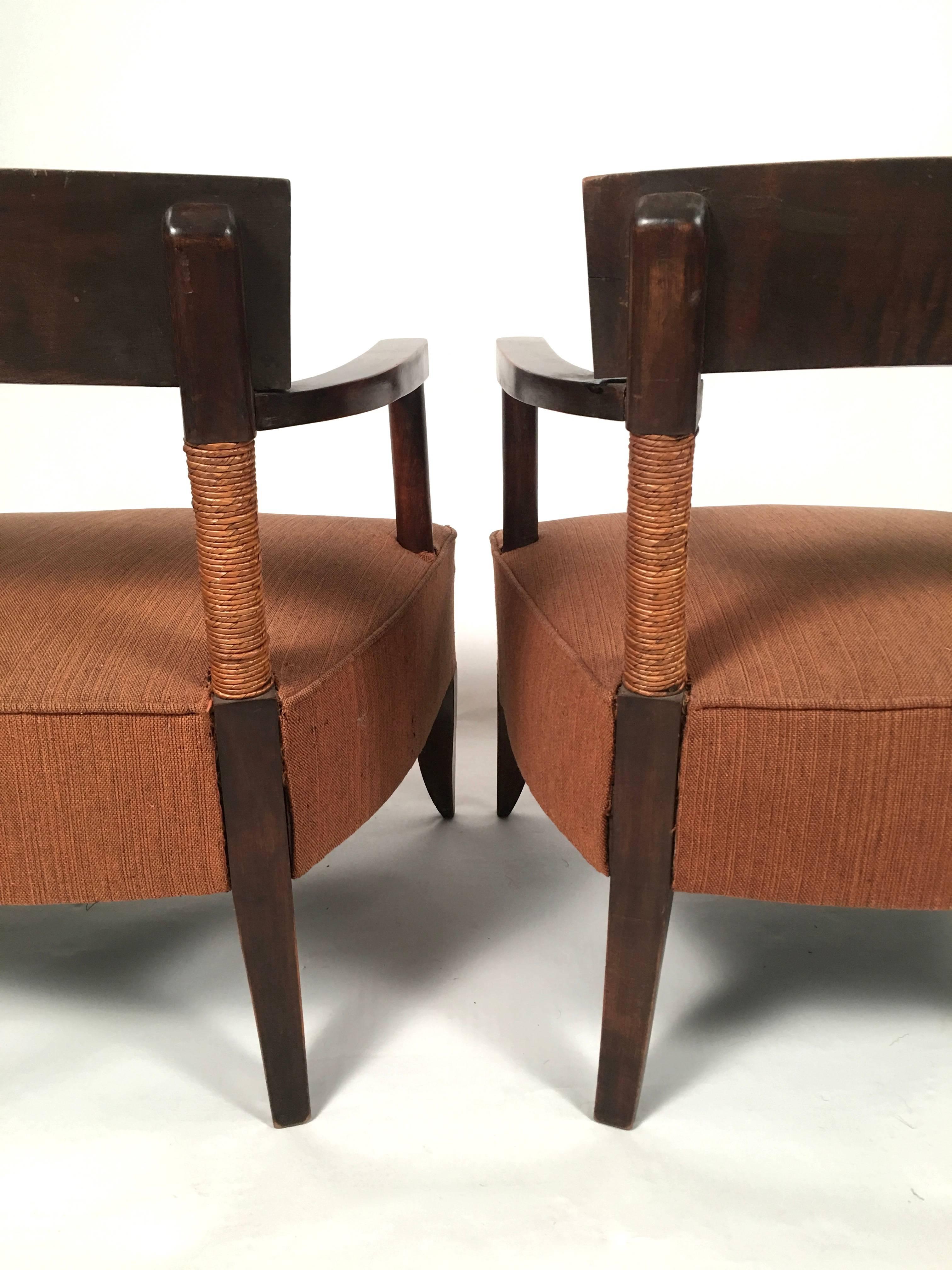 Upholstery Pair of French Art Deco African Inspired Oak and Paper Cord Armchairs