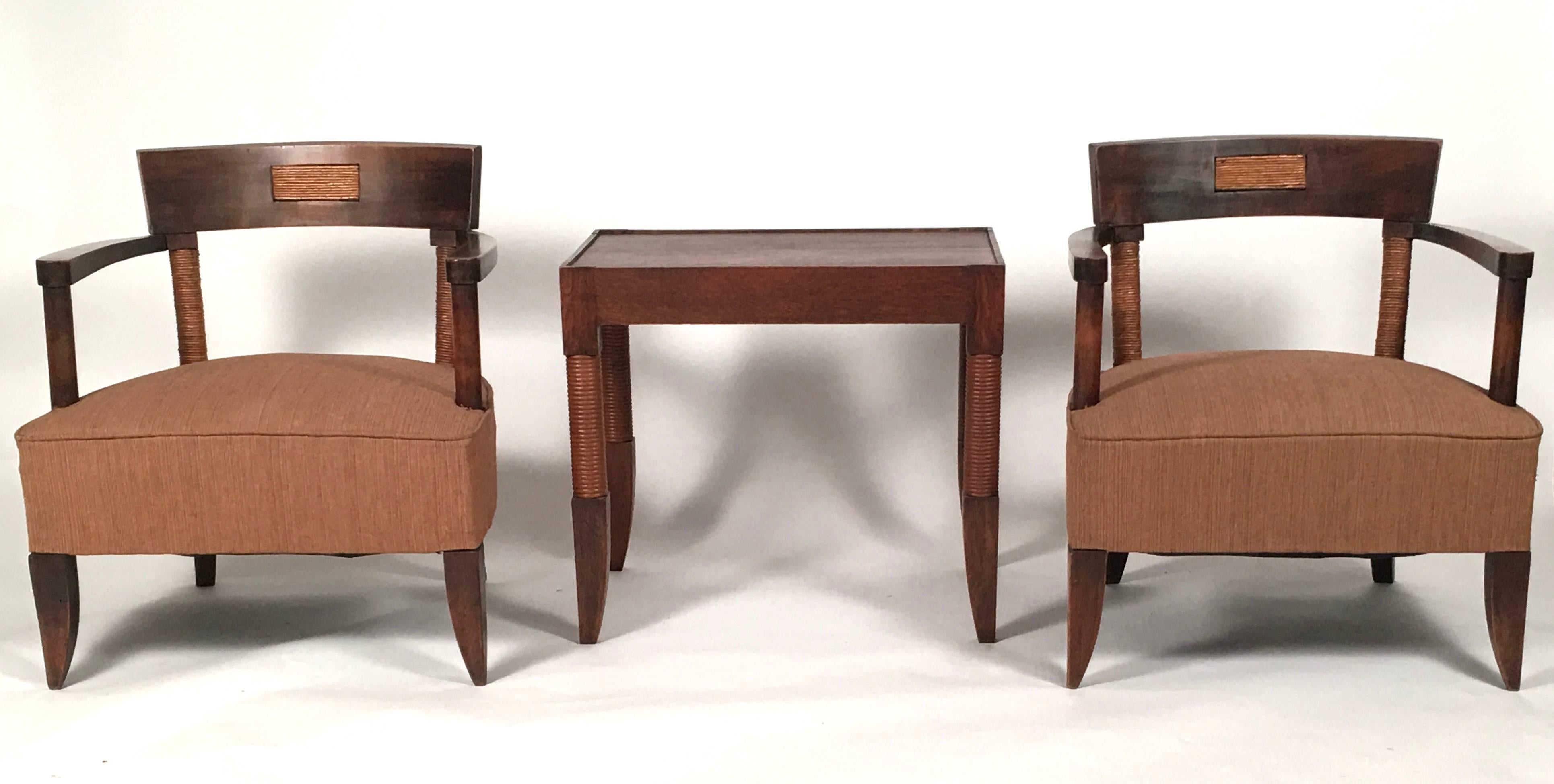 Pair of French Art Deco African Inspired Oak and Paper Cord Armchairs 3