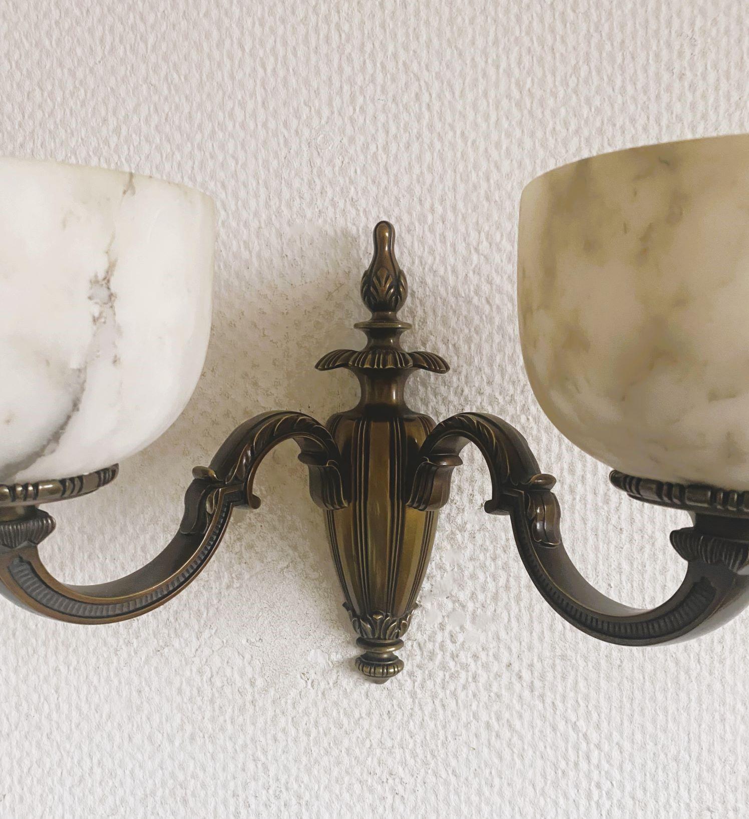 Pair of French Art Deco Alabaster Bronze Two-light Wall Sconces, France, 1930s For Sale 6