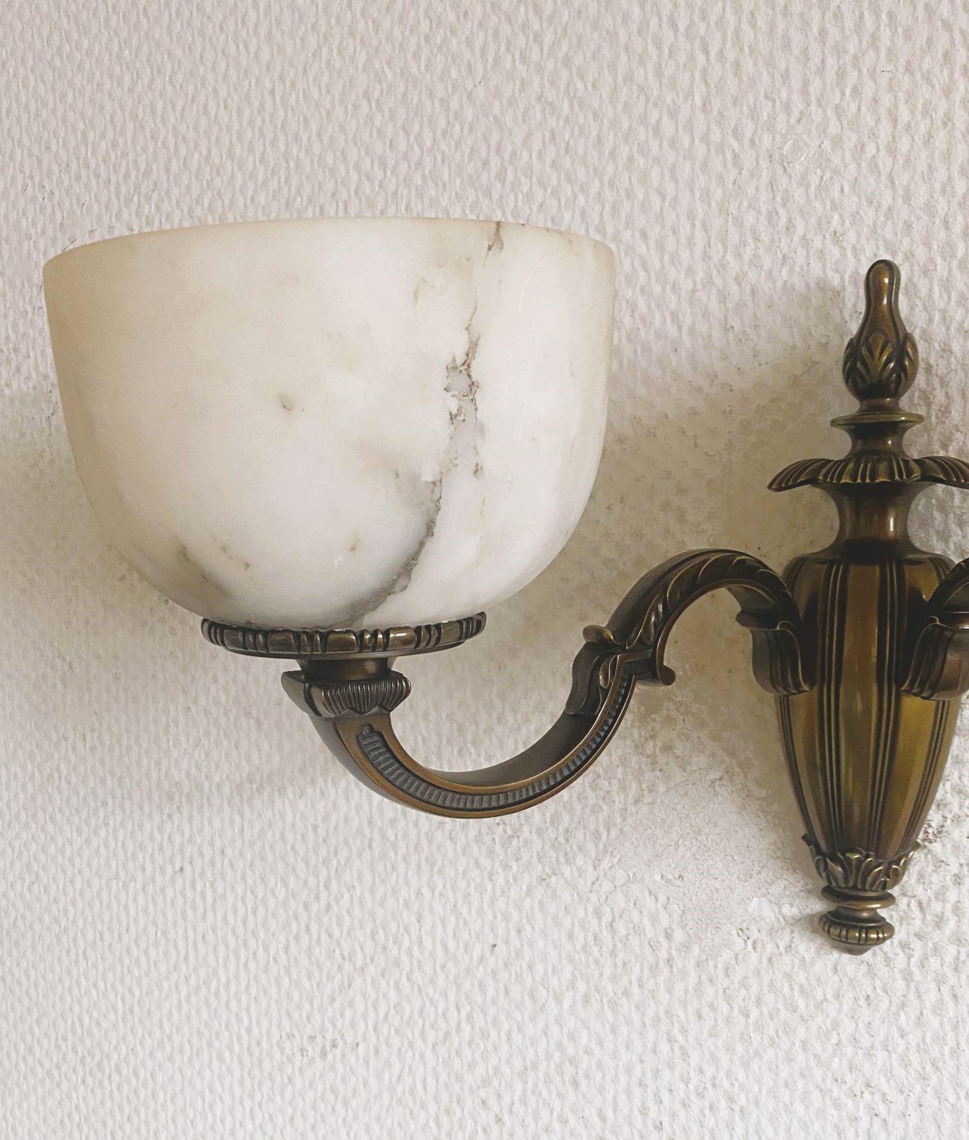 Pair of French Art Deco Alabaster Bronze Two-light Wall Sconces, France, 1930s For Sale 7