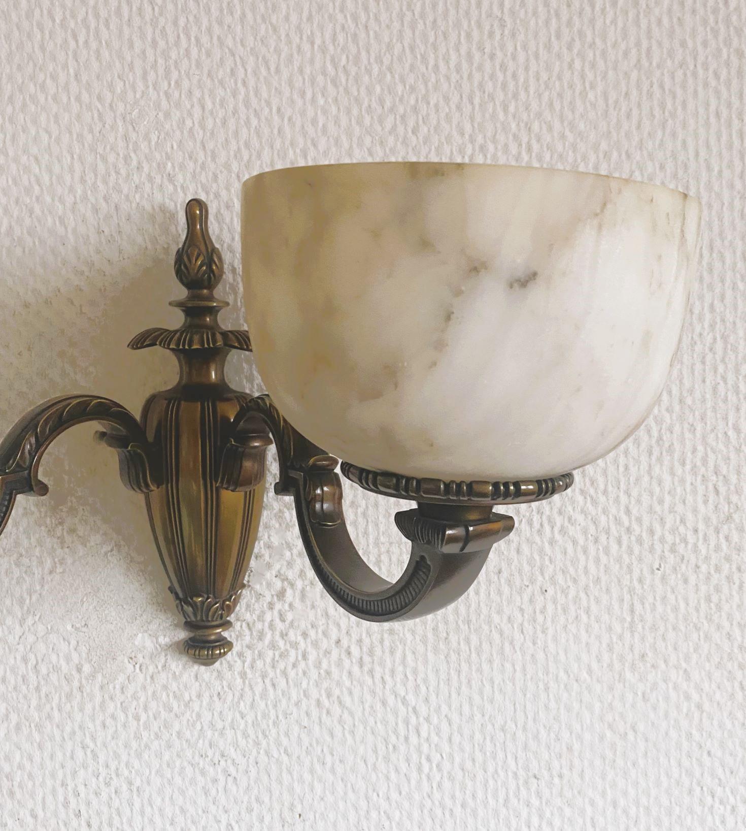 Pair of French Art Deco Alabaster Bronze Two-light Wall Sconces, France, 1930s For Sale 8