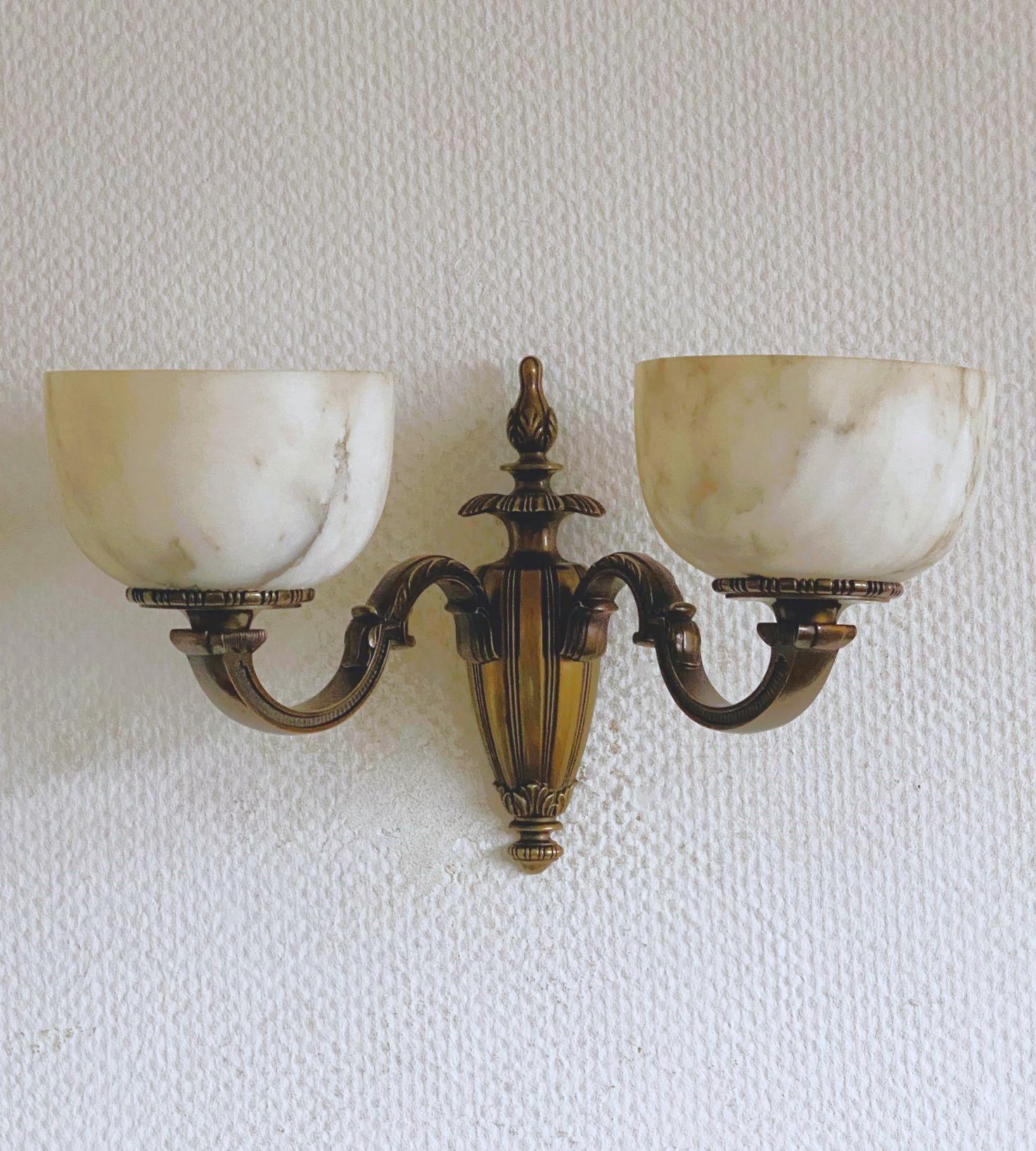 20th Century Pair of French Art Deco Alabaster Bronze Two-light Wall Sconces, France, 1930s For Sale