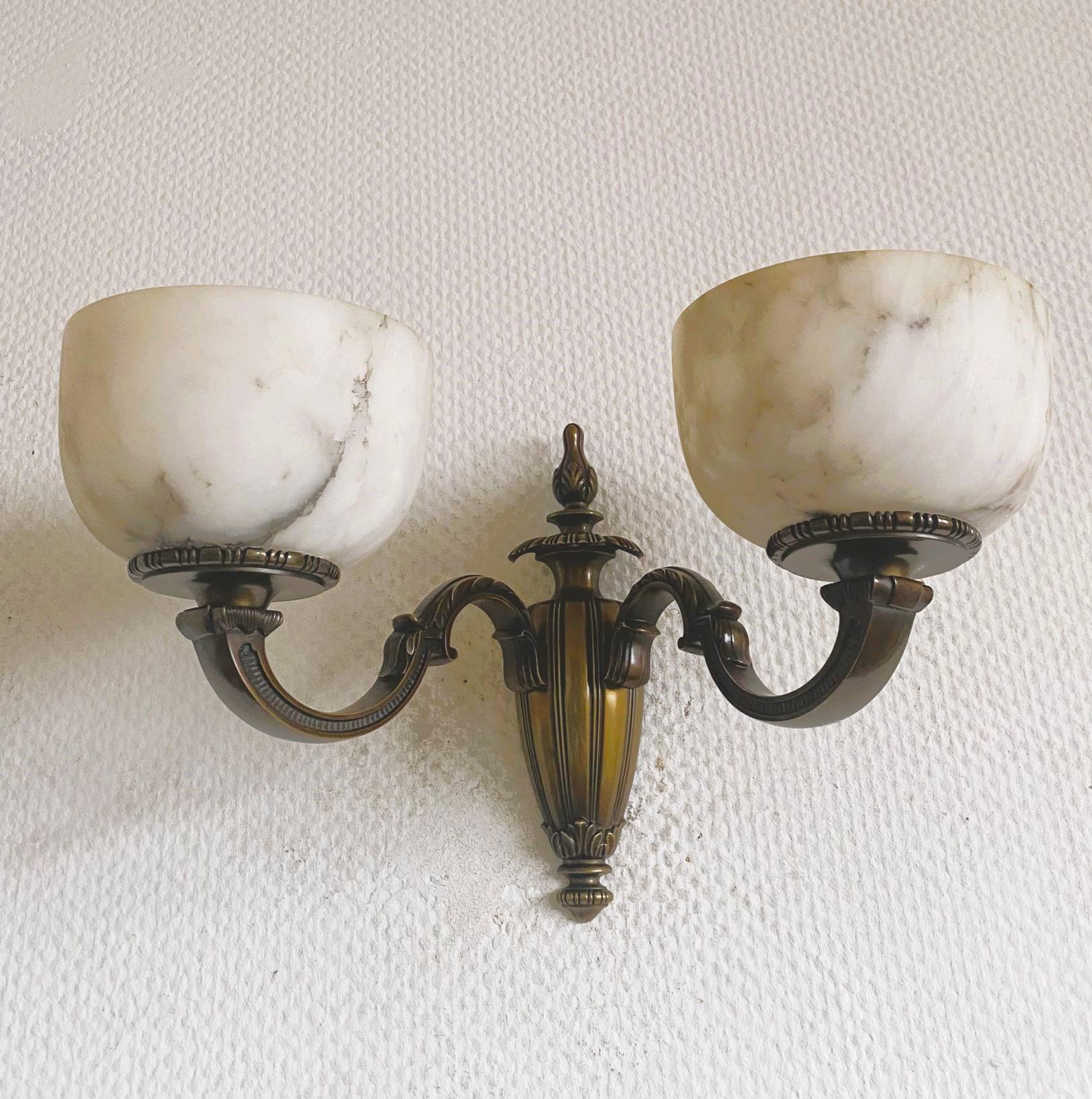 Pair of French Art Deco Alabaster Bronze Two-light Wall Sconces, France, 1930s For Sale 1