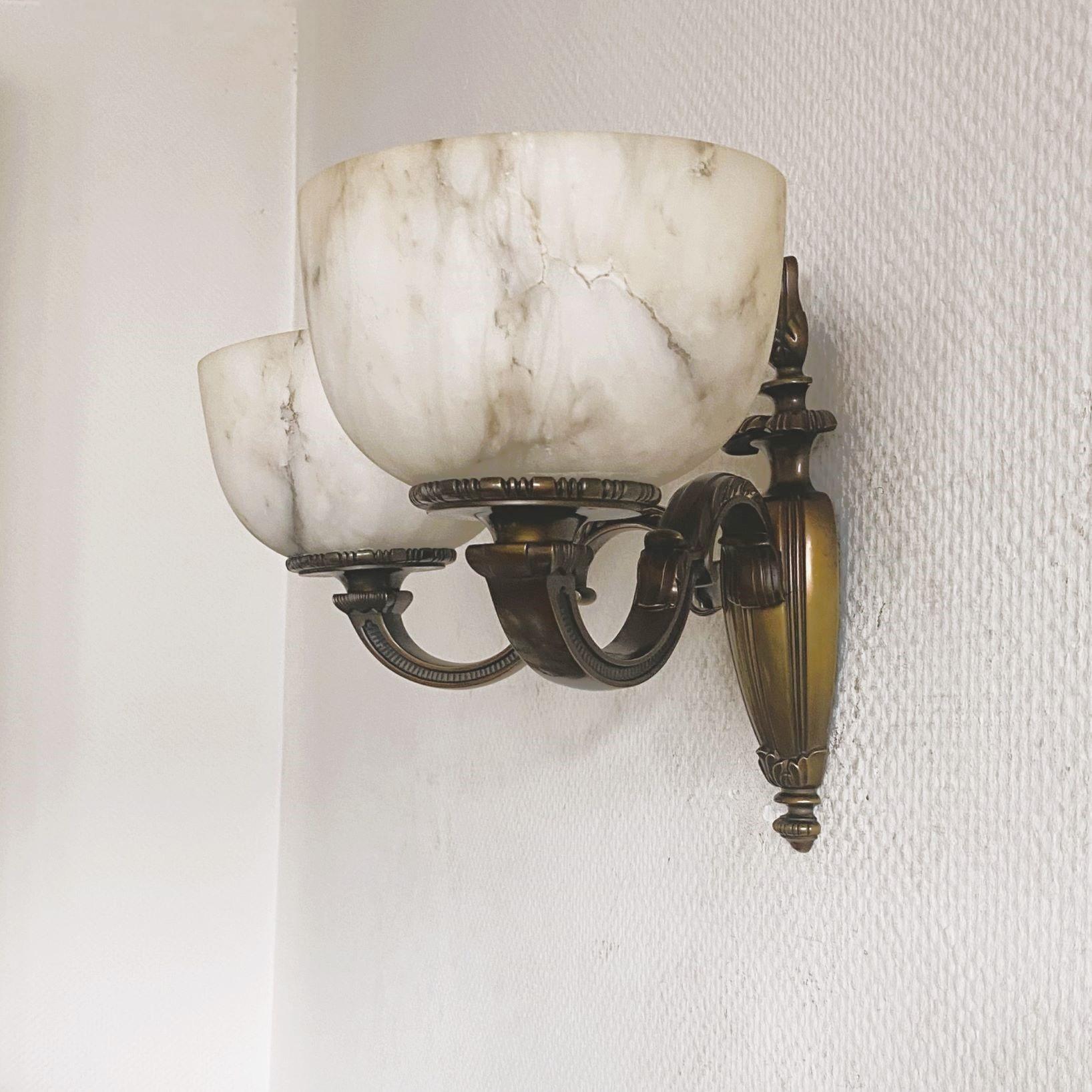 Pair of French Art Deco Alabaster Bronze Two-light Wall Sconces, France, 1930s For Sale 2