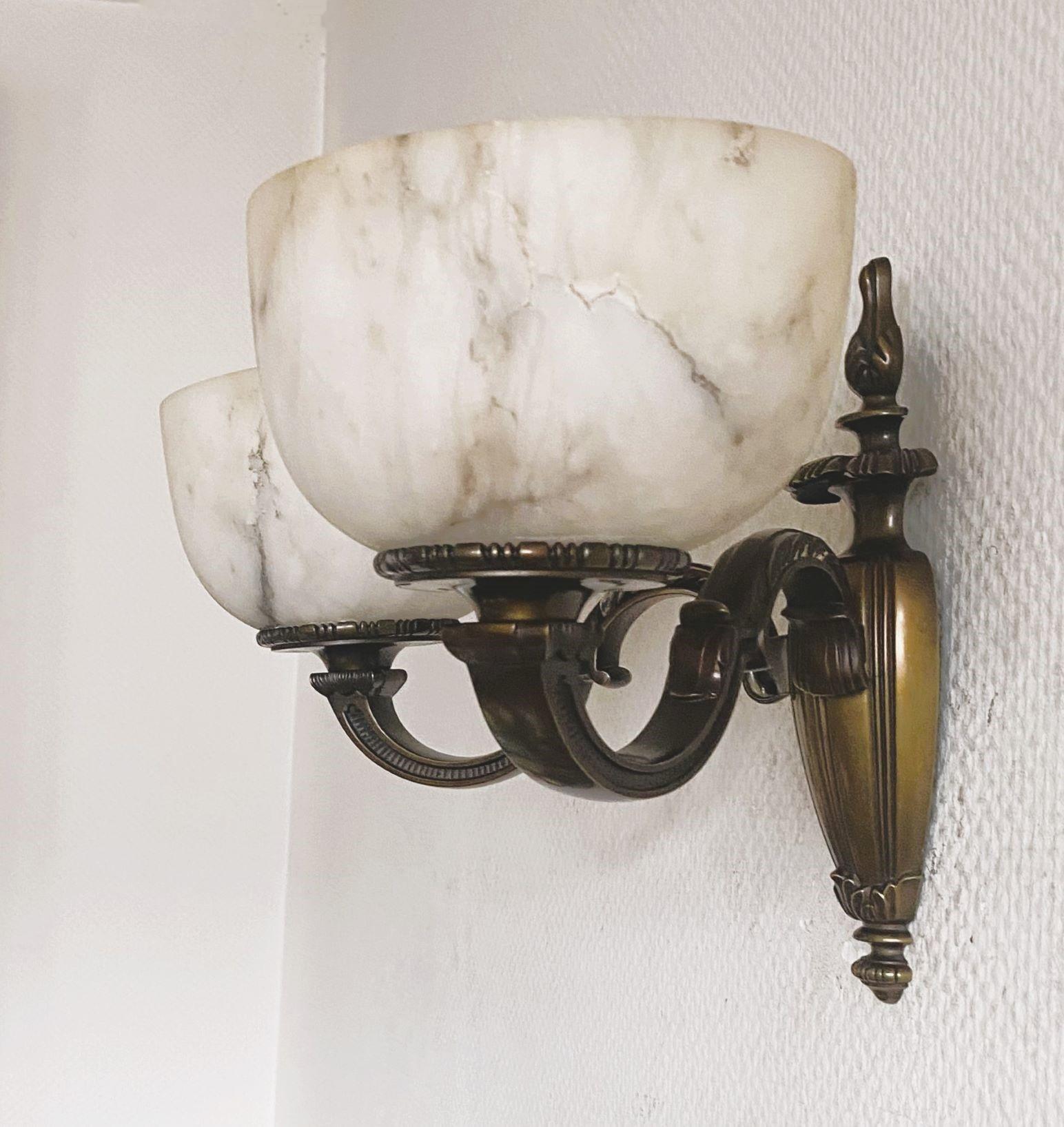 Pair of French Art Deco Alabaster Bronze Two-light Wall Sconces, France, 1930s For Sale 3