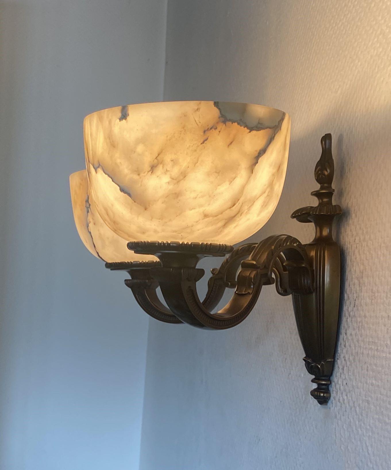Pair of French Art Deco Alabaster Bronze Two-light Wall Sconces, France, 1930s For Sale 4