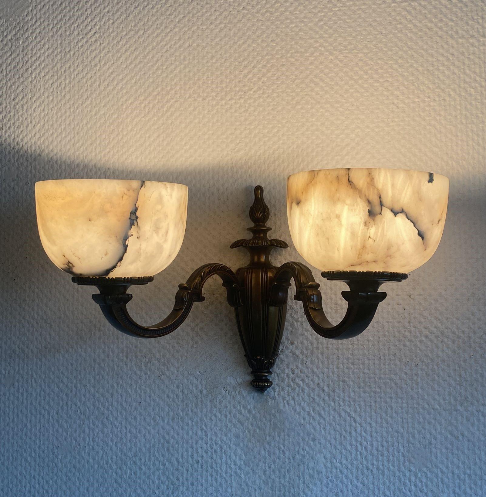 Pair of French Art Deco Alabaster Bronze Two-light Wall Sconces, France, 1930s For Sale 5