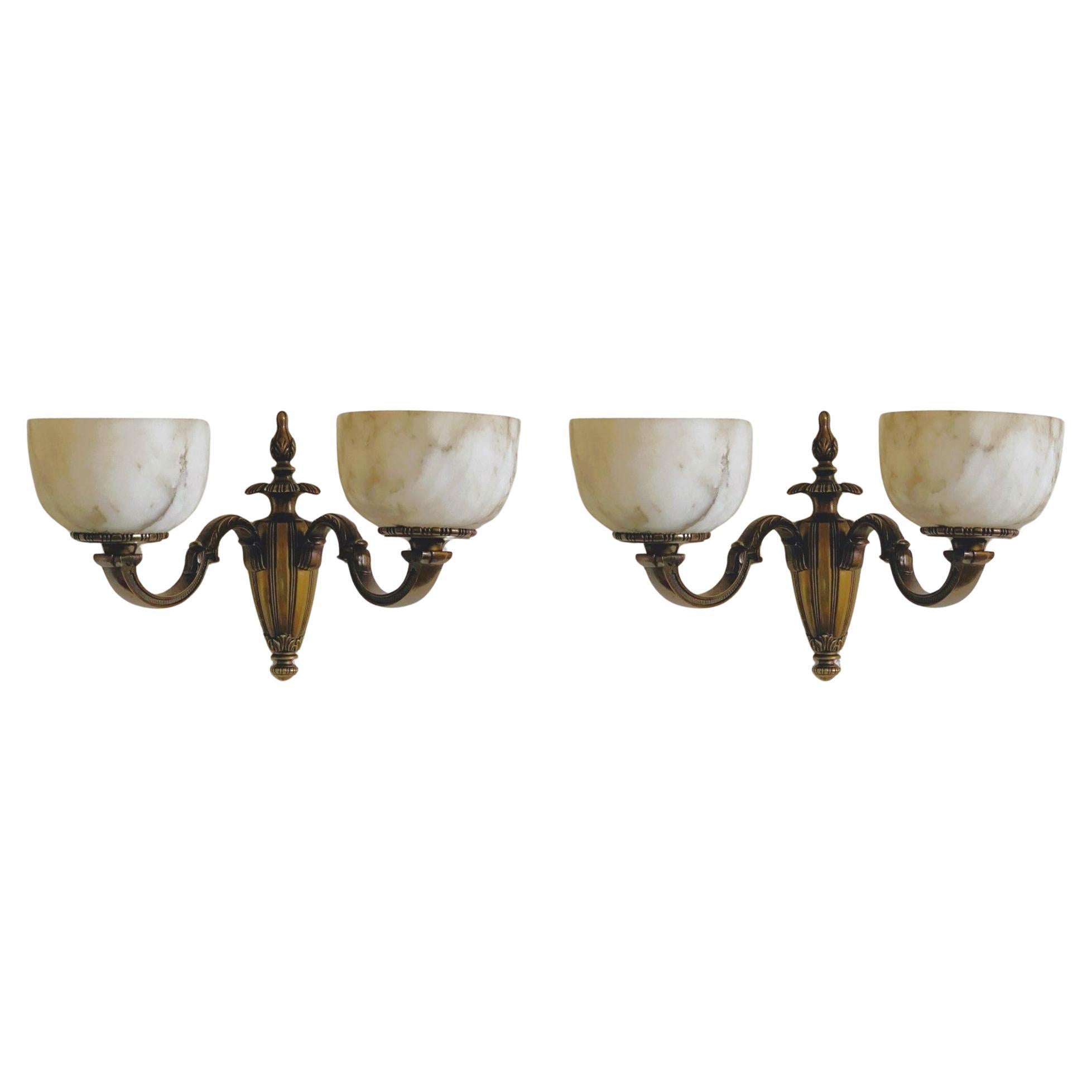 Pair of French Art Deco Alabaster Bronze Two-light Wall Sconces, France, 1930s For Sale