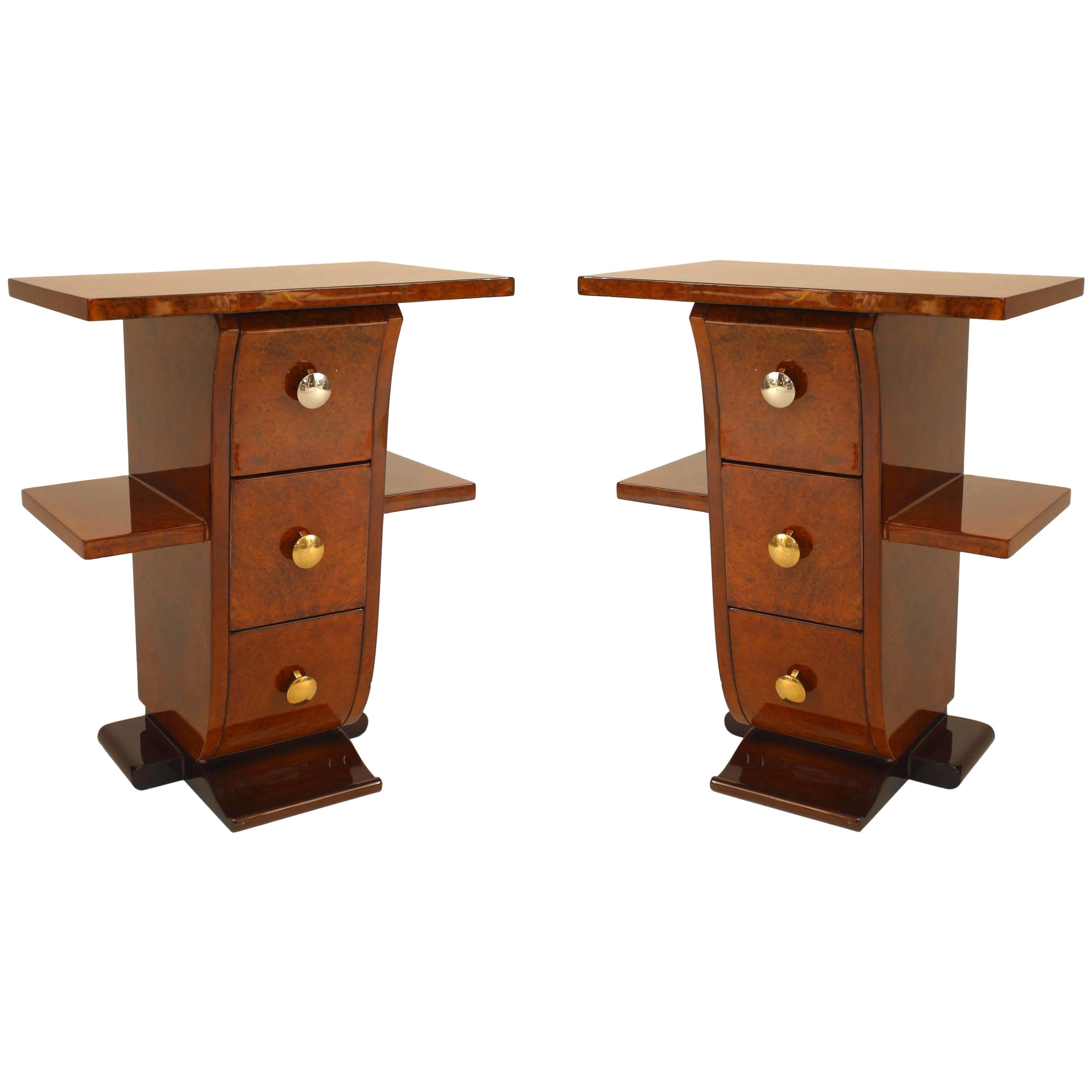Pair of French Art Deco Amboyna Wooden End Tables For Sale