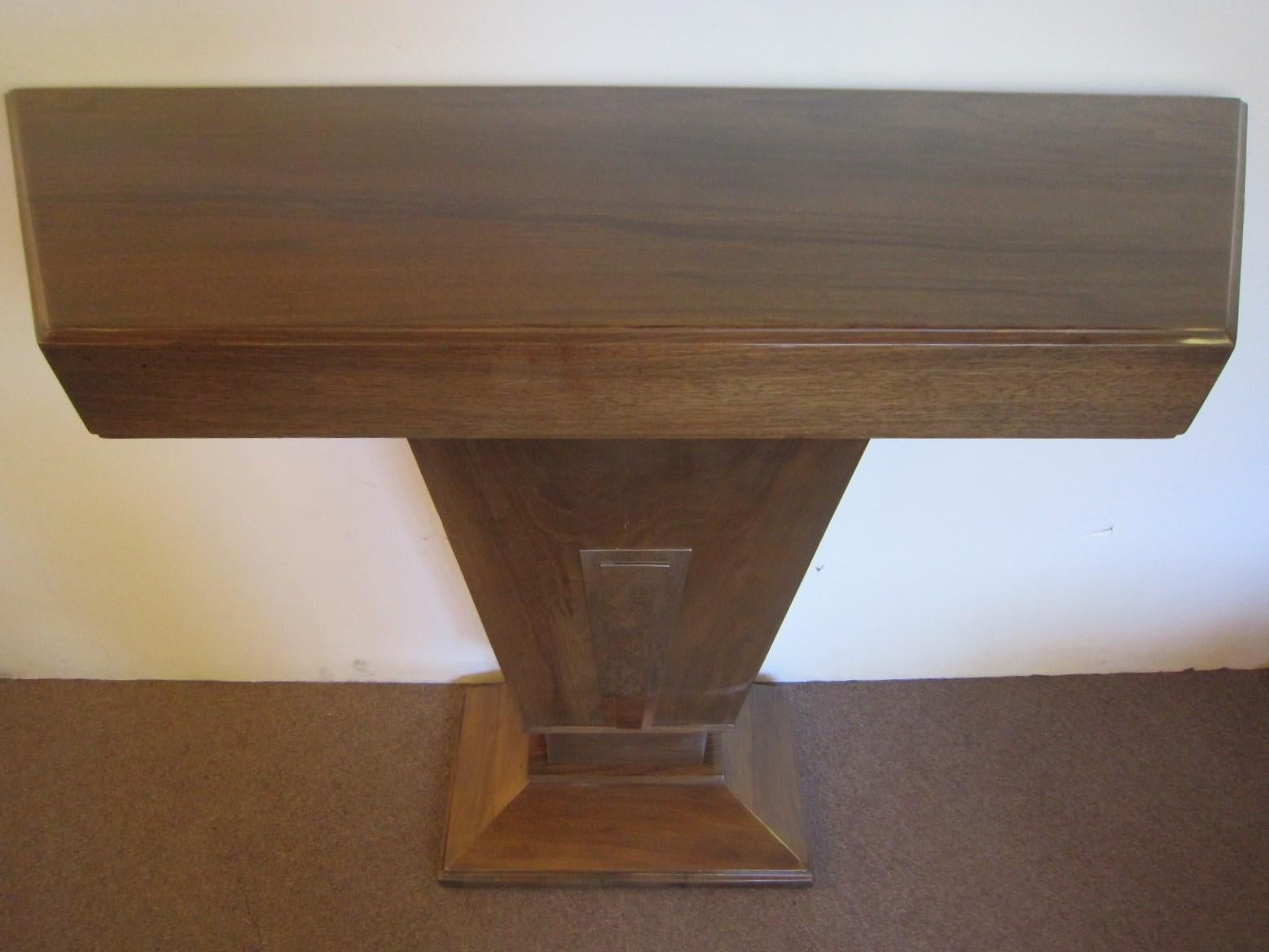 French Art Deco Angular Walnut Console with Nickeled Bronze Trim In Good Condition In New York City, NY