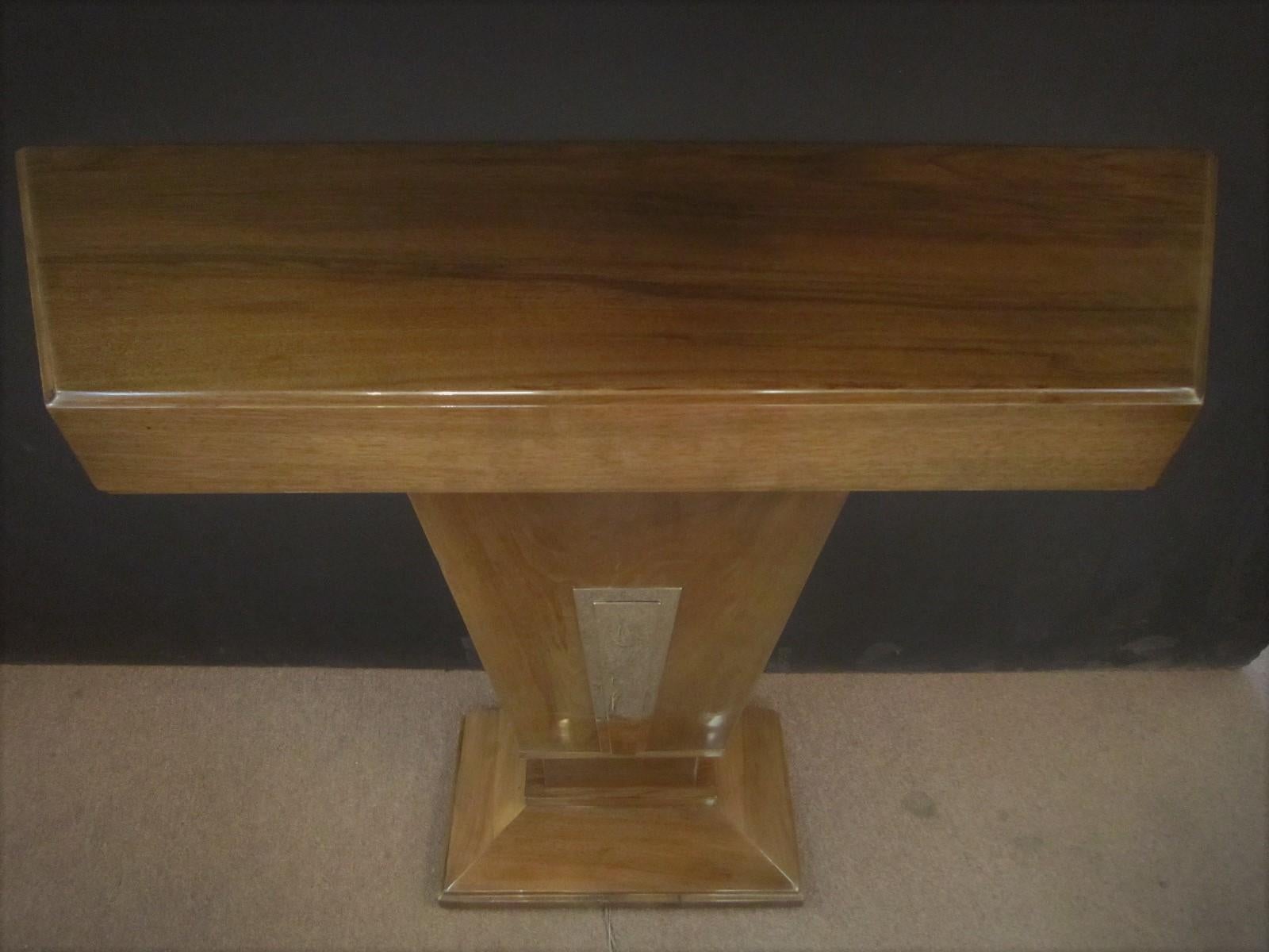 French Art Deco Angular Walnut Console with Nickeled Bronze Trim 4