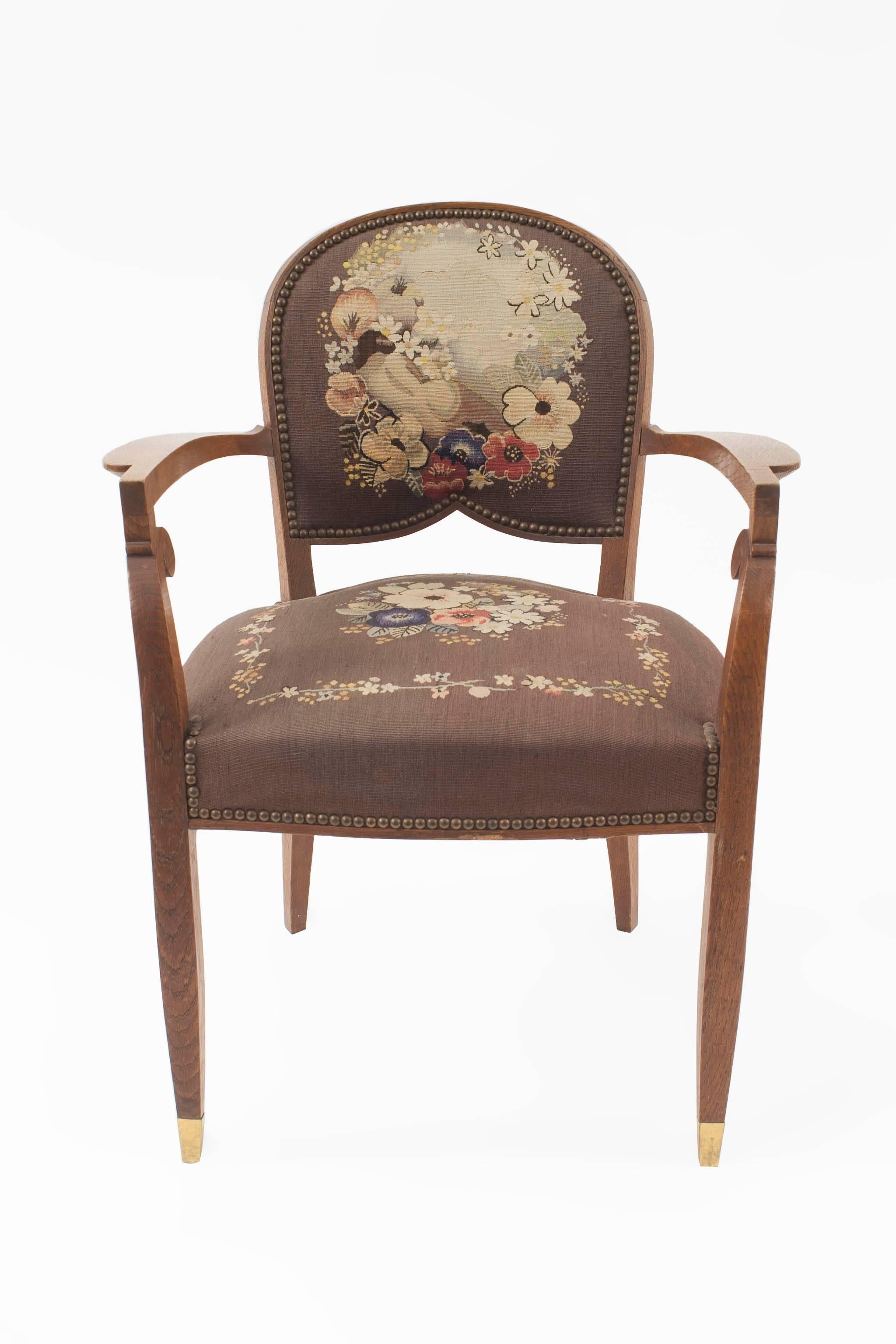 Pair of French Art Deco Armchairs with tapestry upholstery having a round back & scroll design arm (by JULES LELEU) (c.1940) Ref: Decorateurs Ensemble, Francoise Siriex) (similar bergeres: GRL 4554; loveseat CHM007)
