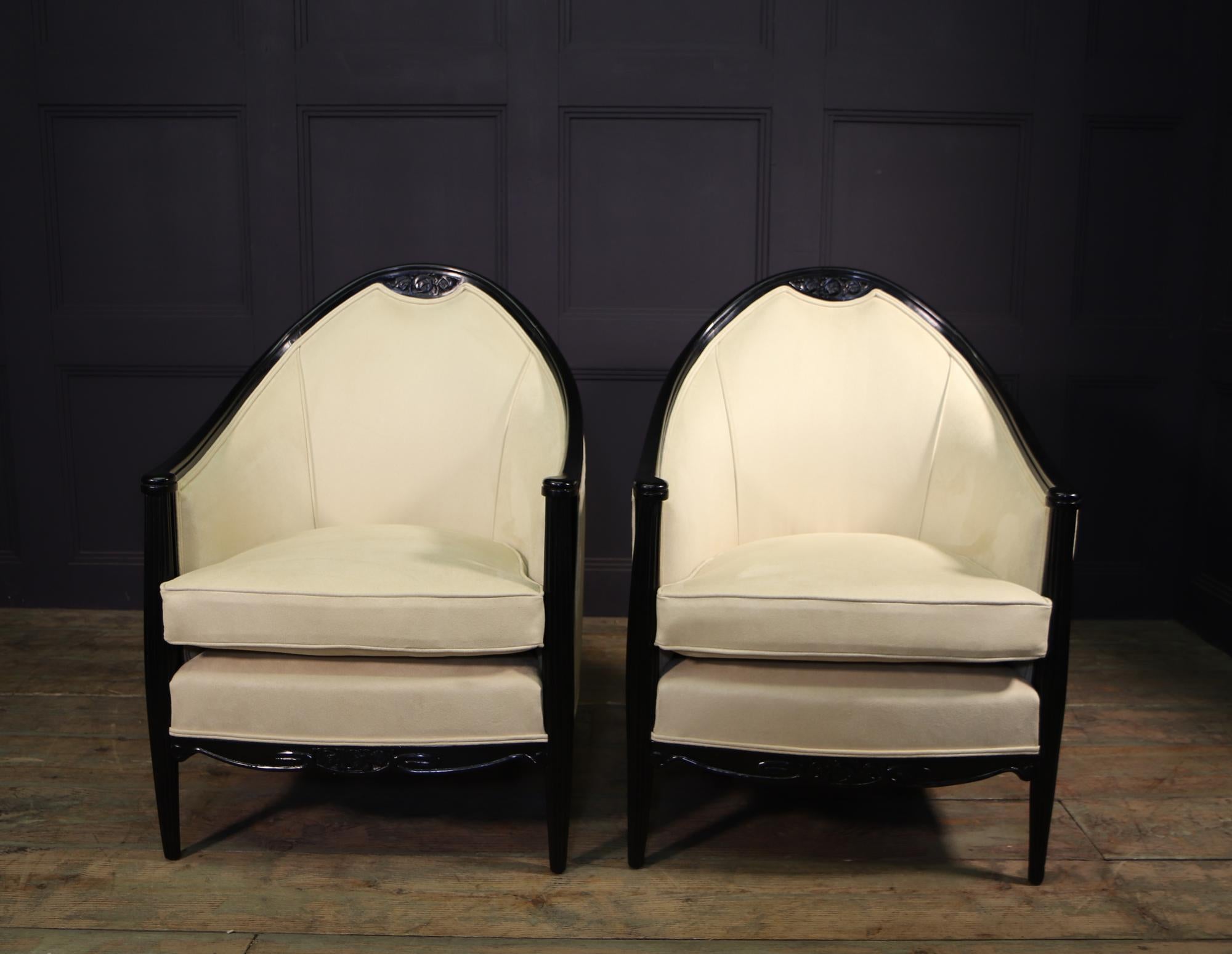 Ebonized Pair of French Art Deco Armchairs by Maurice Dufrene