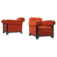 Pair of French Art Deco Armchairs in Coral Red Upholstery