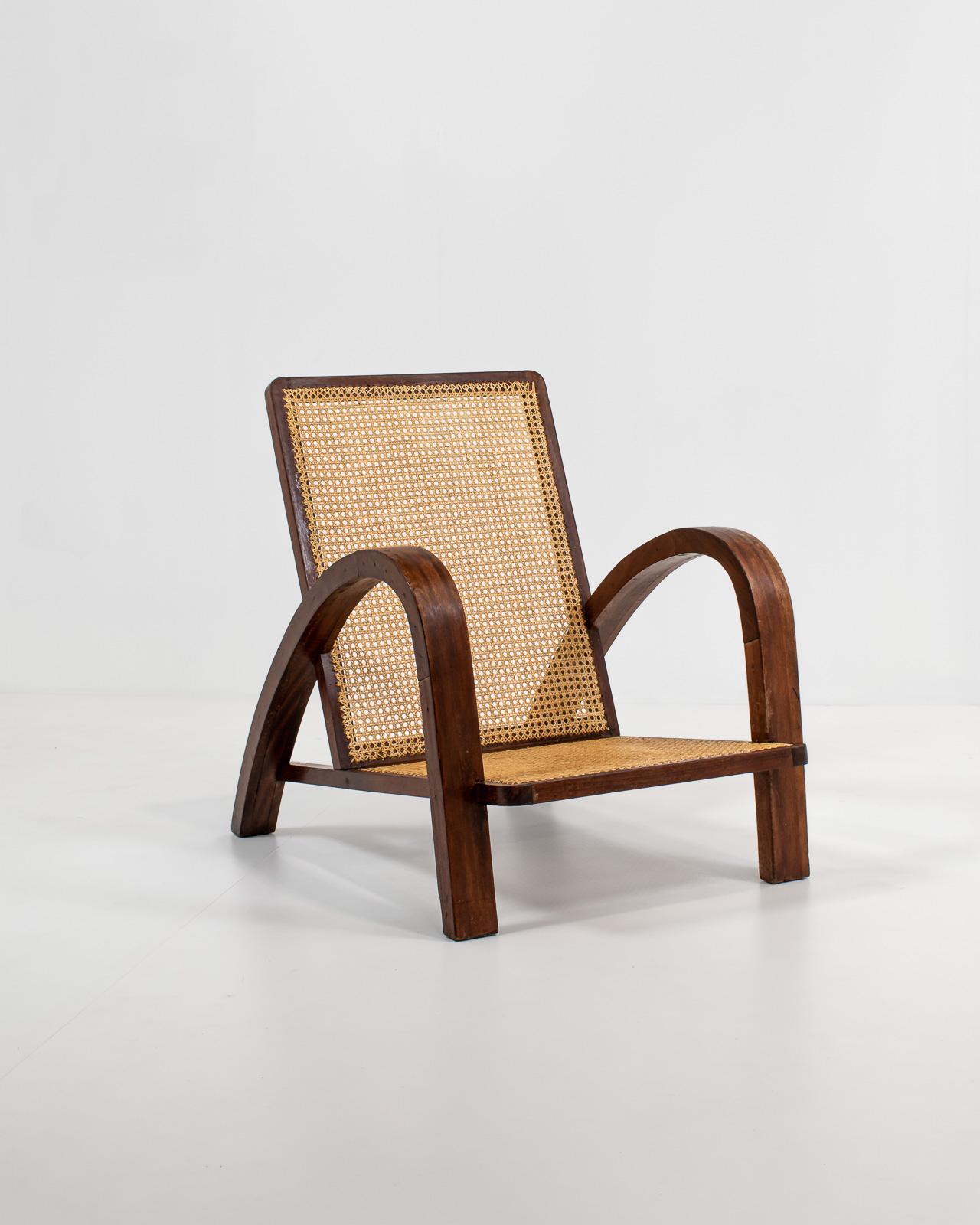 Mid-Century Modern Pair of French Art Deco Armchairs in Wood and Cane, 1950s