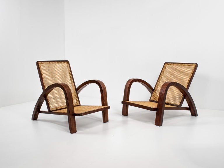 20th Century Pair of French Art Deco Armchairs in Wood and Cane, 1950s