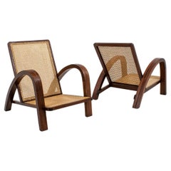 Pair of French Art Deco Armchairs in Wood and Cane, 1950s