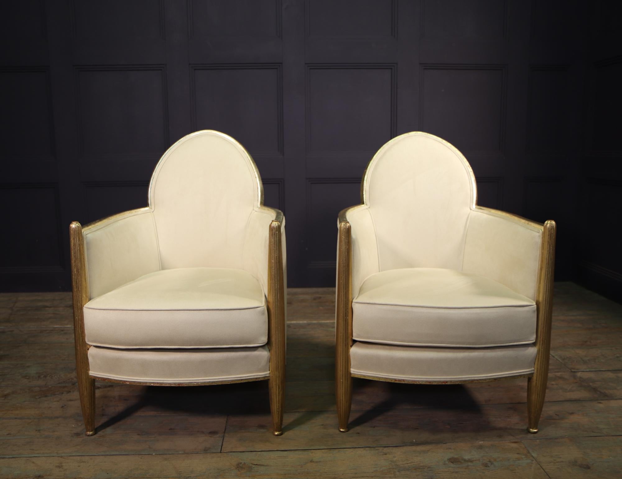 20th Century Pair of French Art Deco Armchairs in Parcel Gilt Wood