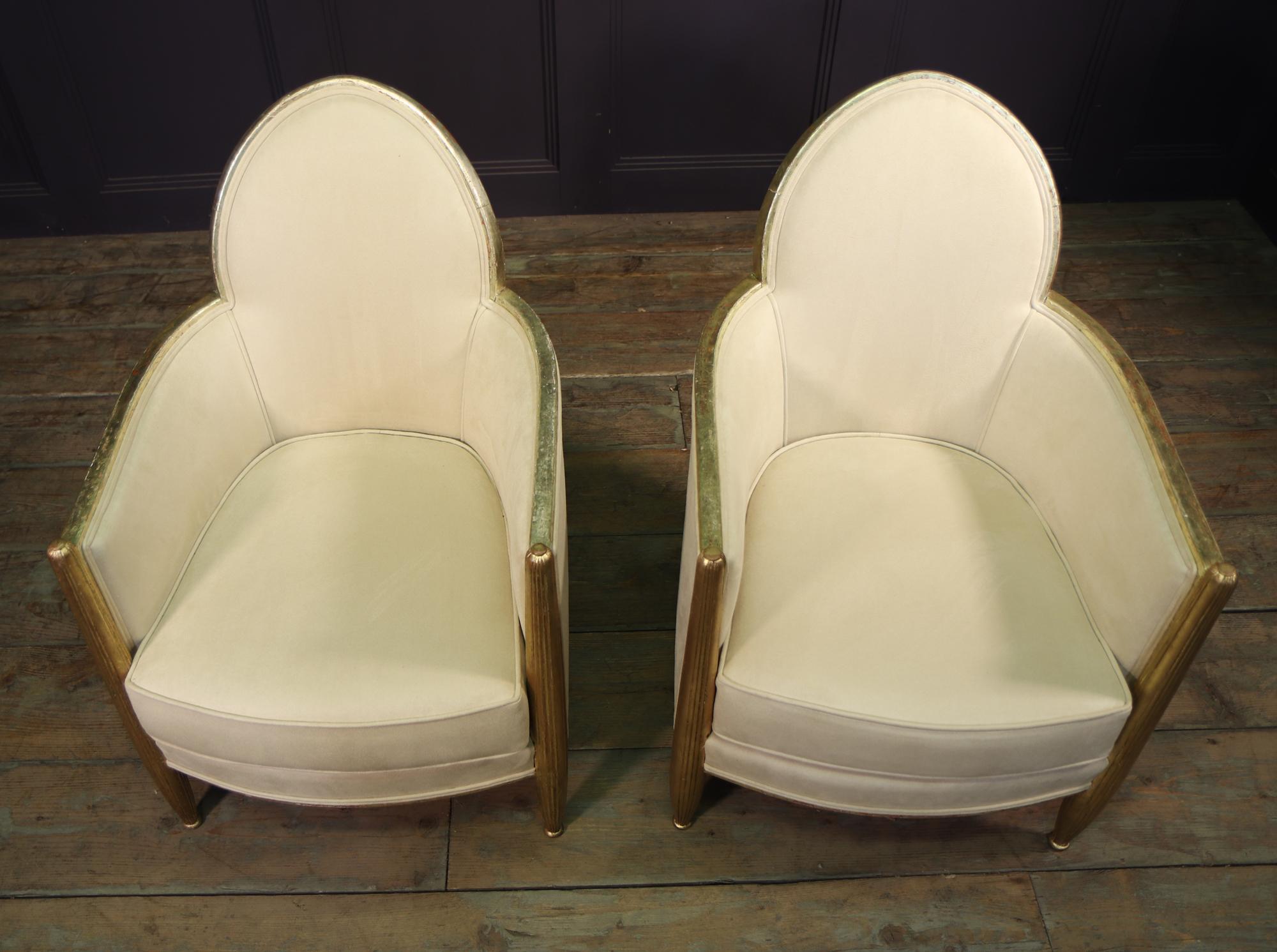 Giltwood Pair of French Art Deco Armchairs in Parcel Gilt Wood