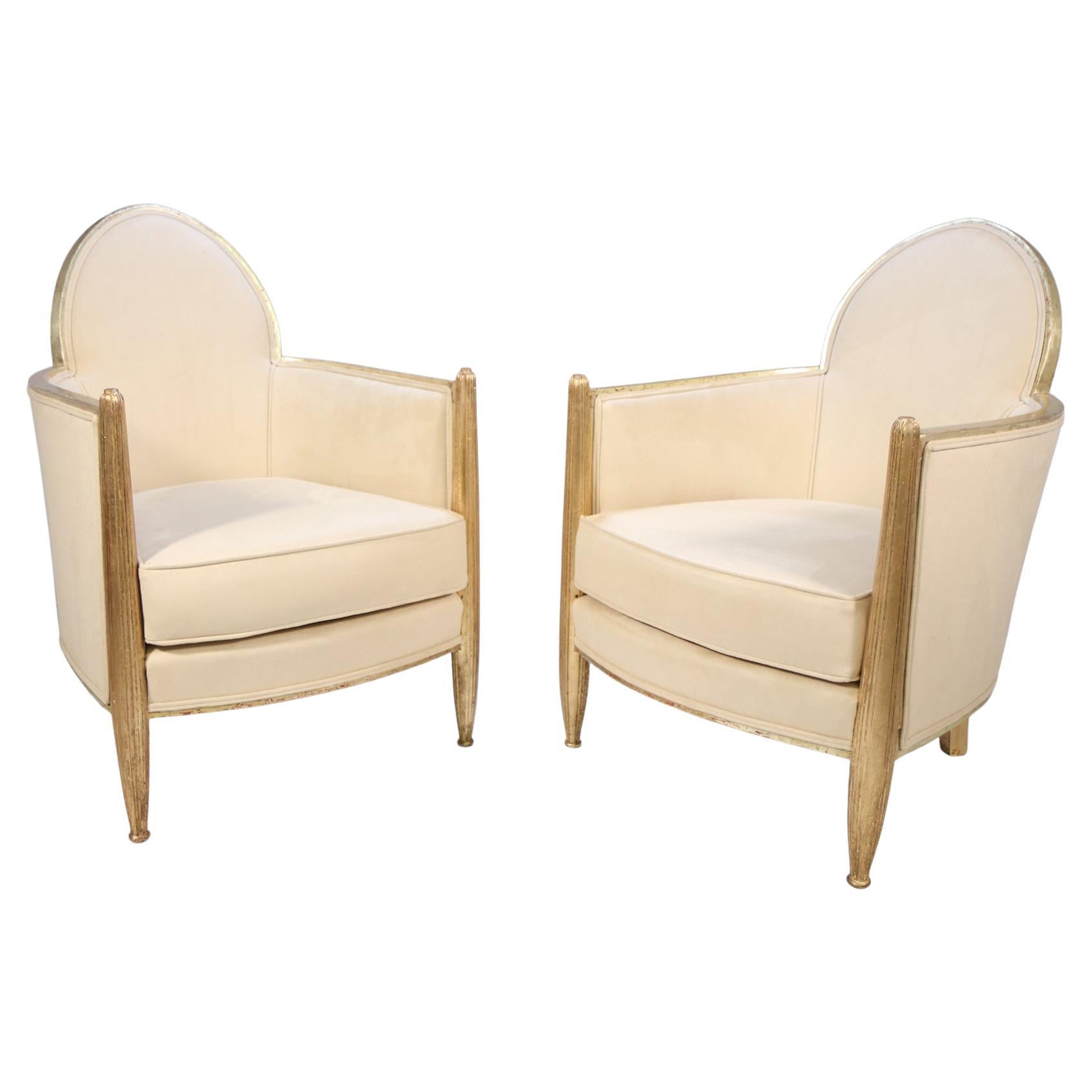 Pair of French Art Deco Armchairs in Parcel Gilt Wood