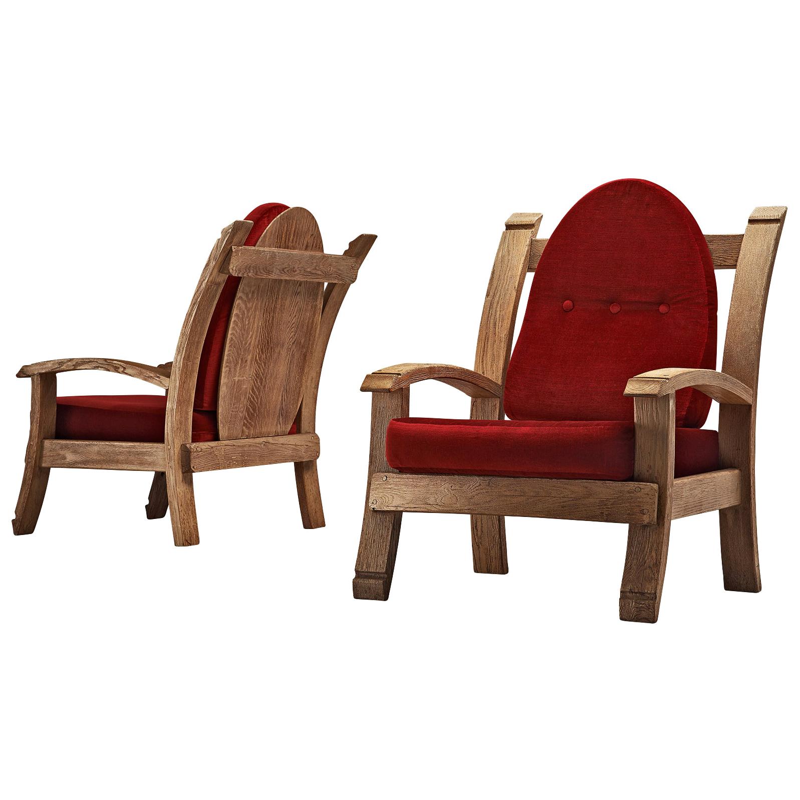 Pair of French Art Deco Armchairs in Solid Oak