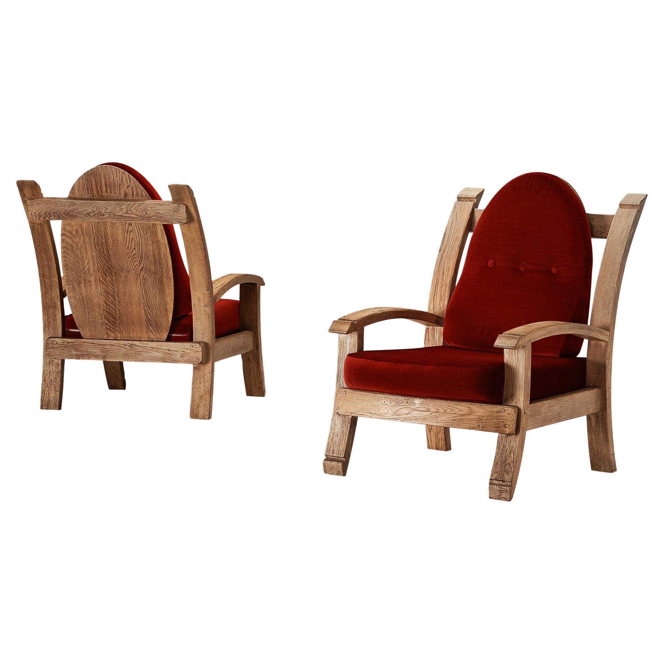 Pair of French Art Deco Armchairs in Solid Oak 