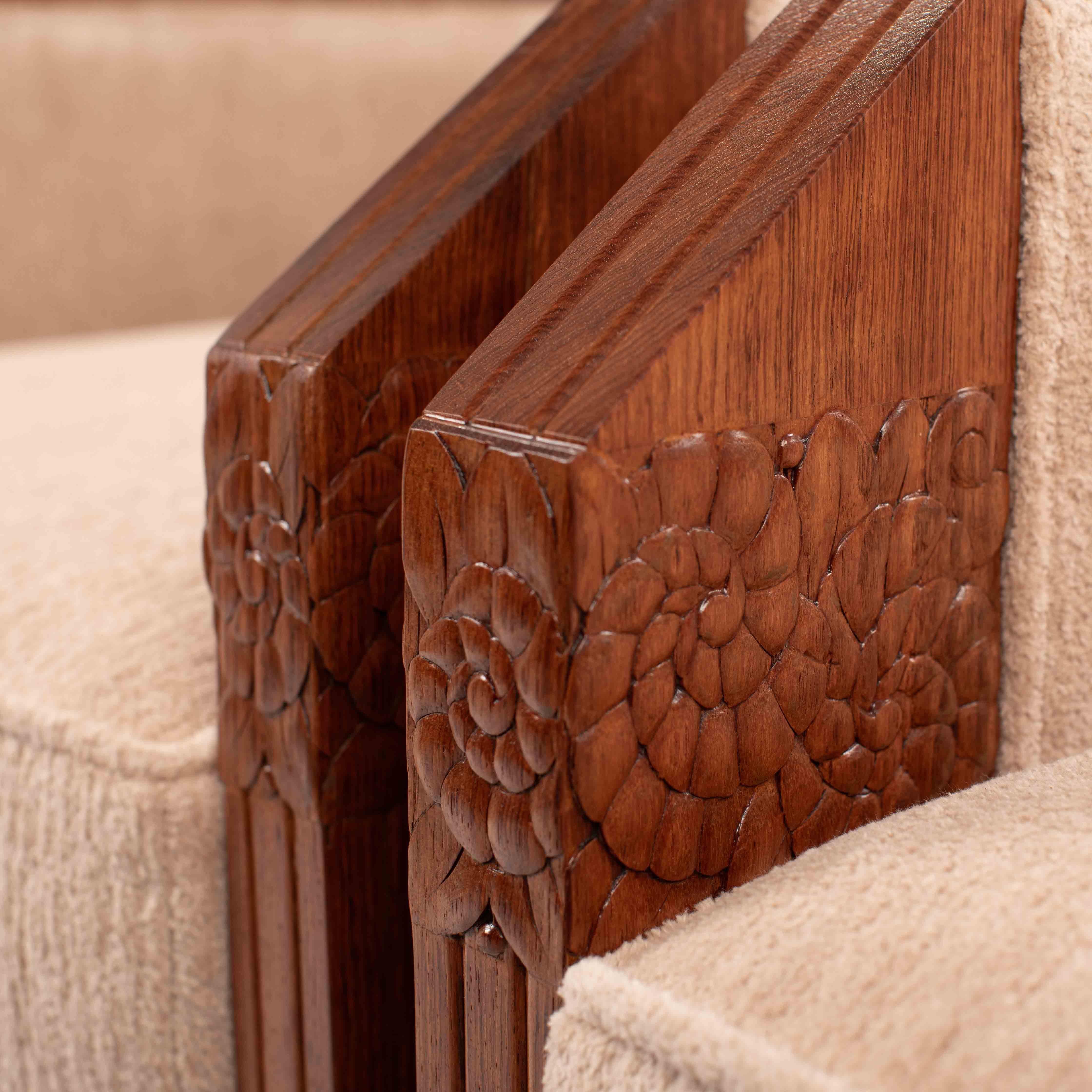 Pair of French Art Deco Armchairs in Solid Rosewood with Stylized Carvings 1920s For Sale 7