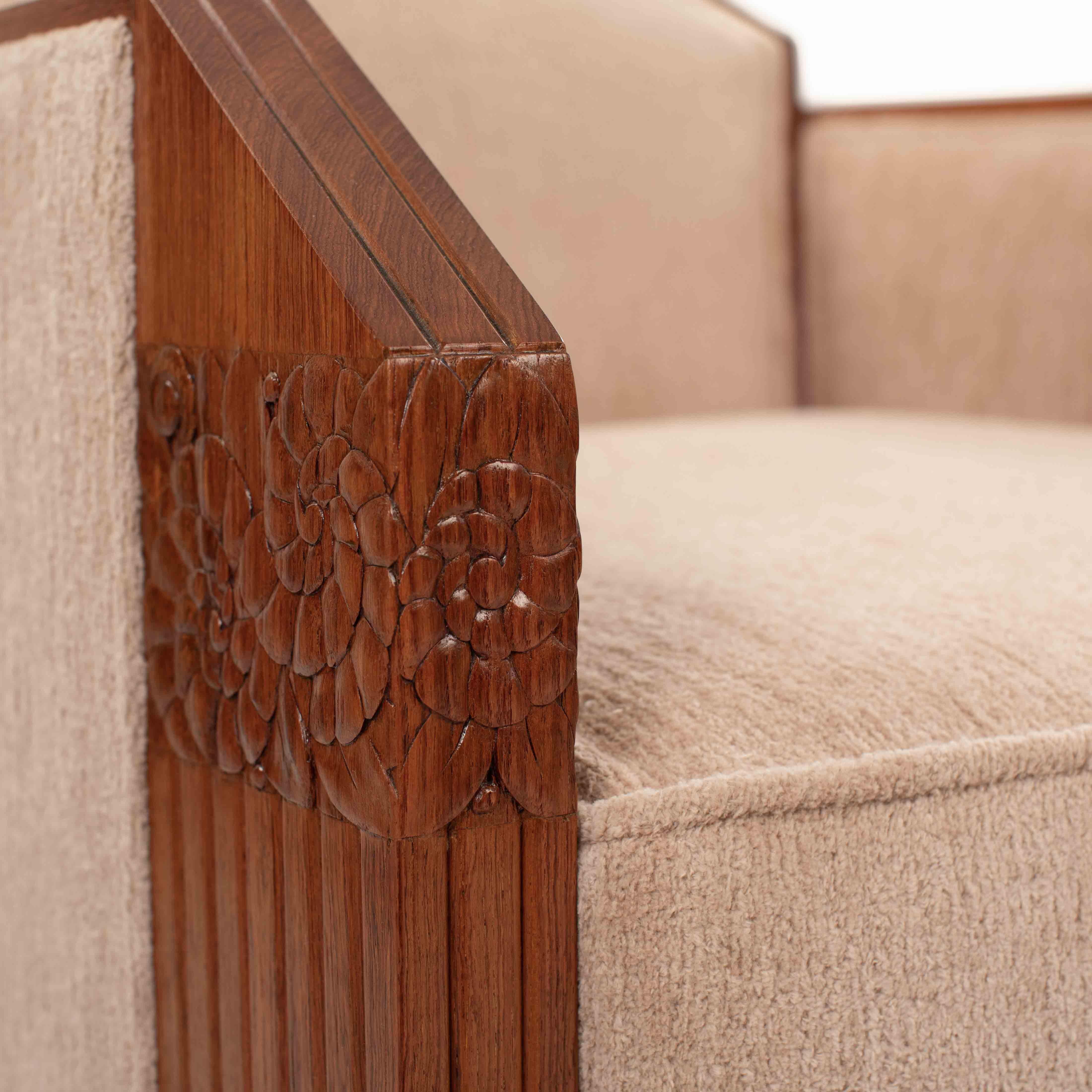 Pair of French Art Deco Armchairs in Solid Rosewood with Stylized Carvings 1920s For Sale 8