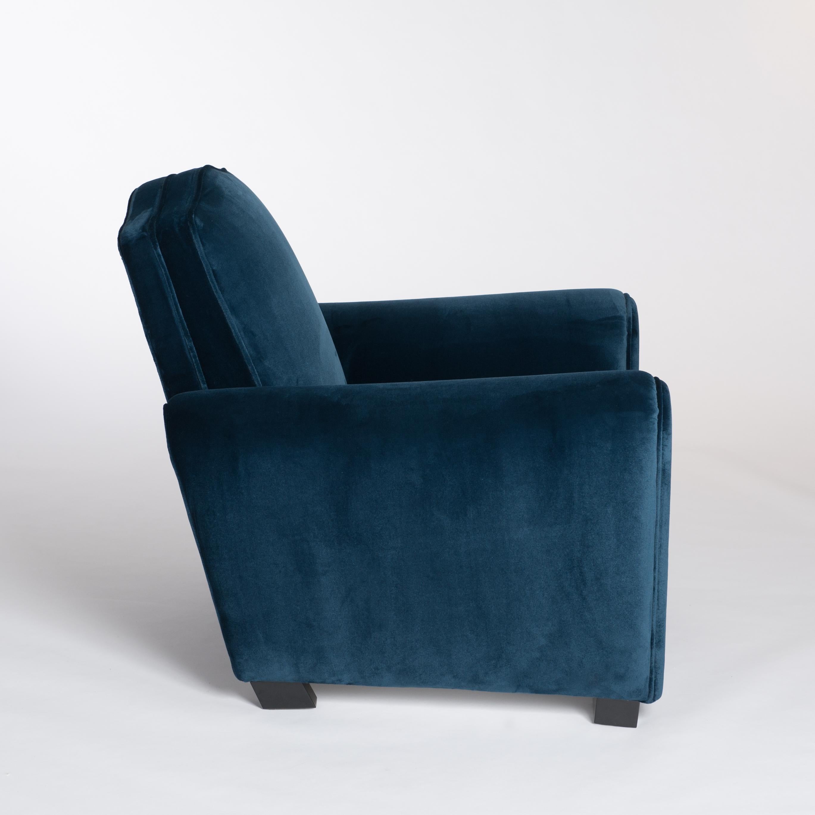 Early 20th Century Pair of French Art Deco Armchairs or Club Chairs in Turquois Velvet from Rubelli