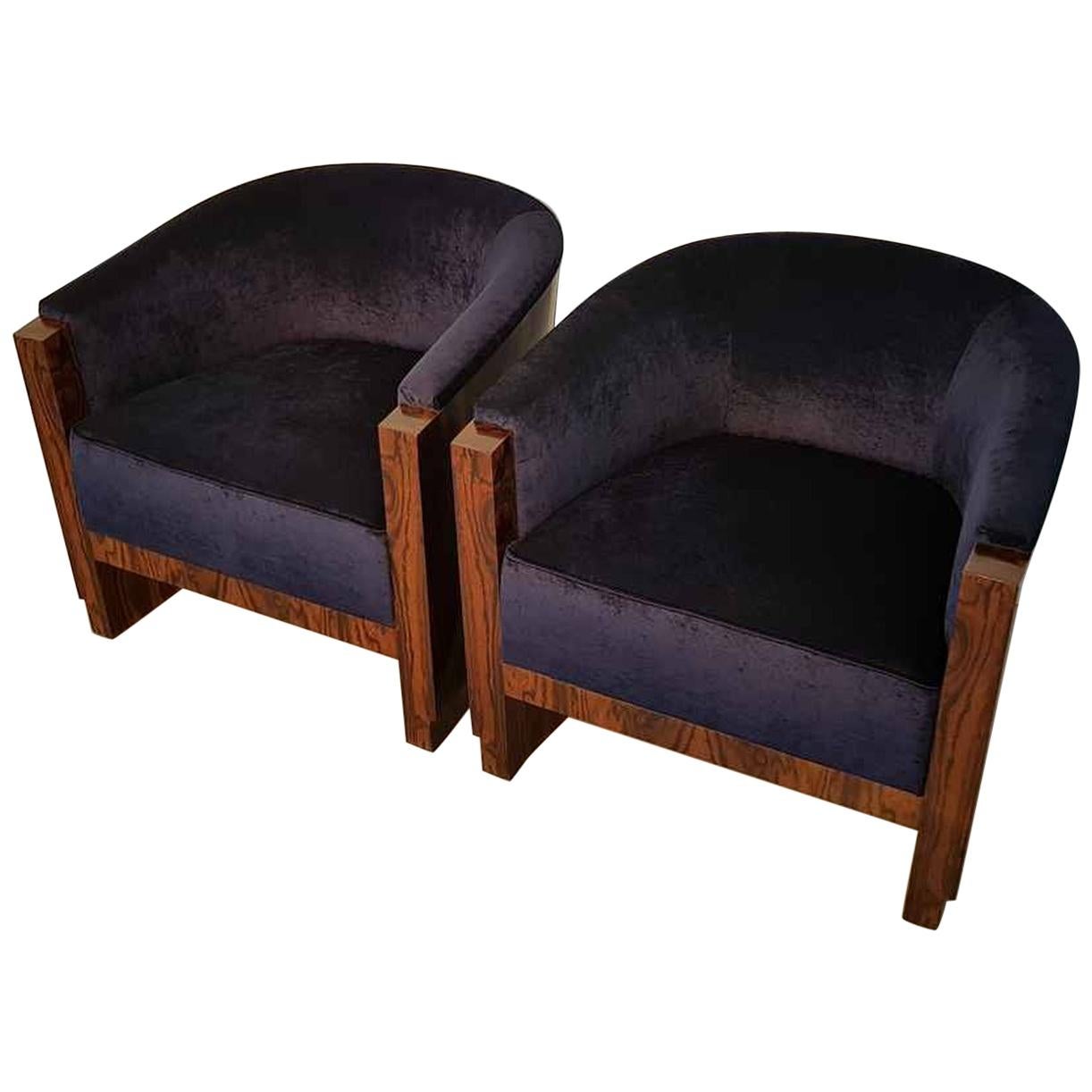 Pair of French Art Deco Armchairs with Ziricote Wood and Navy Blue Upholstery For Sale