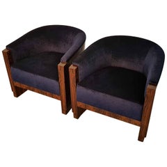 Pair of French Art Deco Armchairs with Ziricote Wood and Navy Blue Upholstery