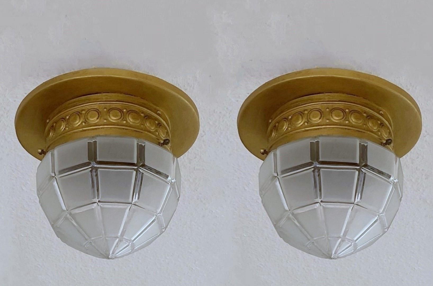 Gilt Pair of French Art Deco Art Glass Flush Mounts Ceiling Lights, 1930s For Sale