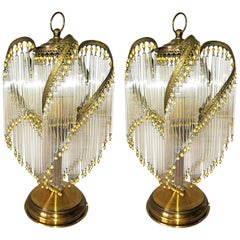 Pair of French Art Deco, Art Nouveau Amber Beaded Clear Glass Straws Table Lamps