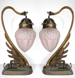 Pair of French Art Deco & Art Nouveau Ornate Bronze, Glass Flower Table Lamps