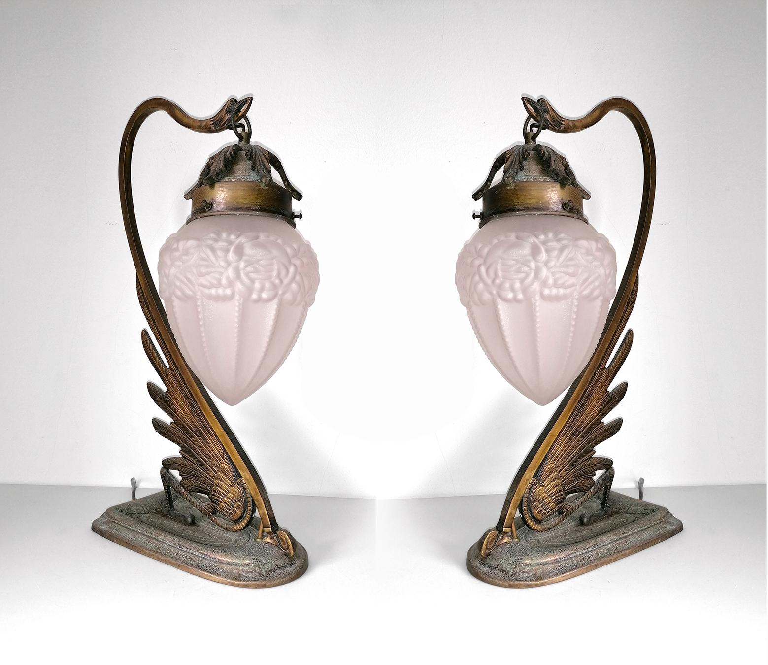 Cast Pair of French Art Deco & Art Nouveau Ornate Bronze, Glass Flower Table Lamps