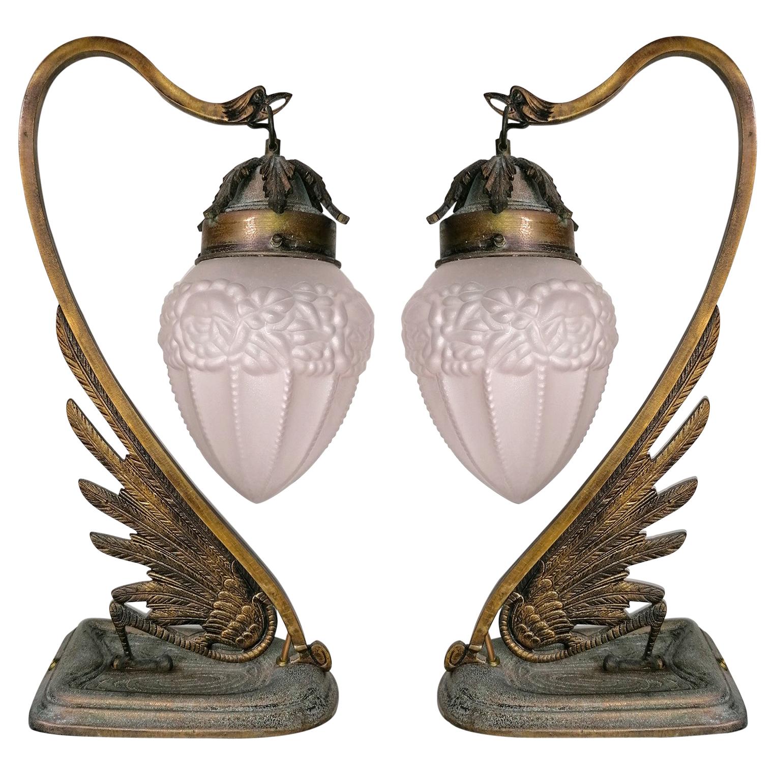 Pair of French Art Deco & Art Nouveau Ornate Bronze, Glass Flower Table Lamps