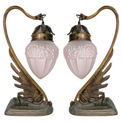 Antique Pair of French Art Deco & Art Nouveau Ornate Bronze, Glass Flower Table Lamps