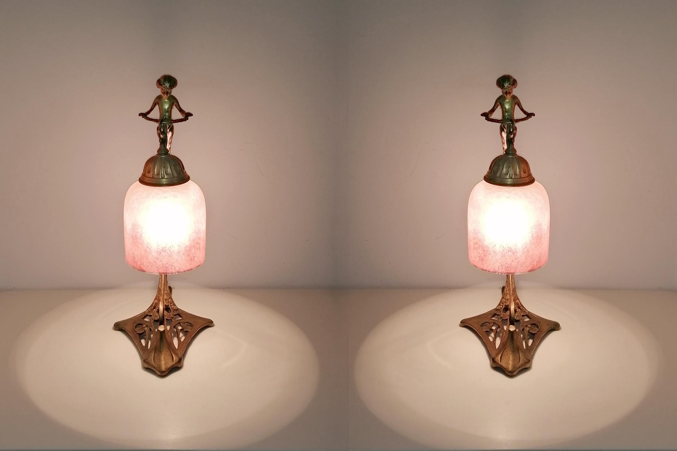 Cast Pair of French Art Deco & Art Nouveau Ornate Bronze & Pink Art Glass Table Lamps