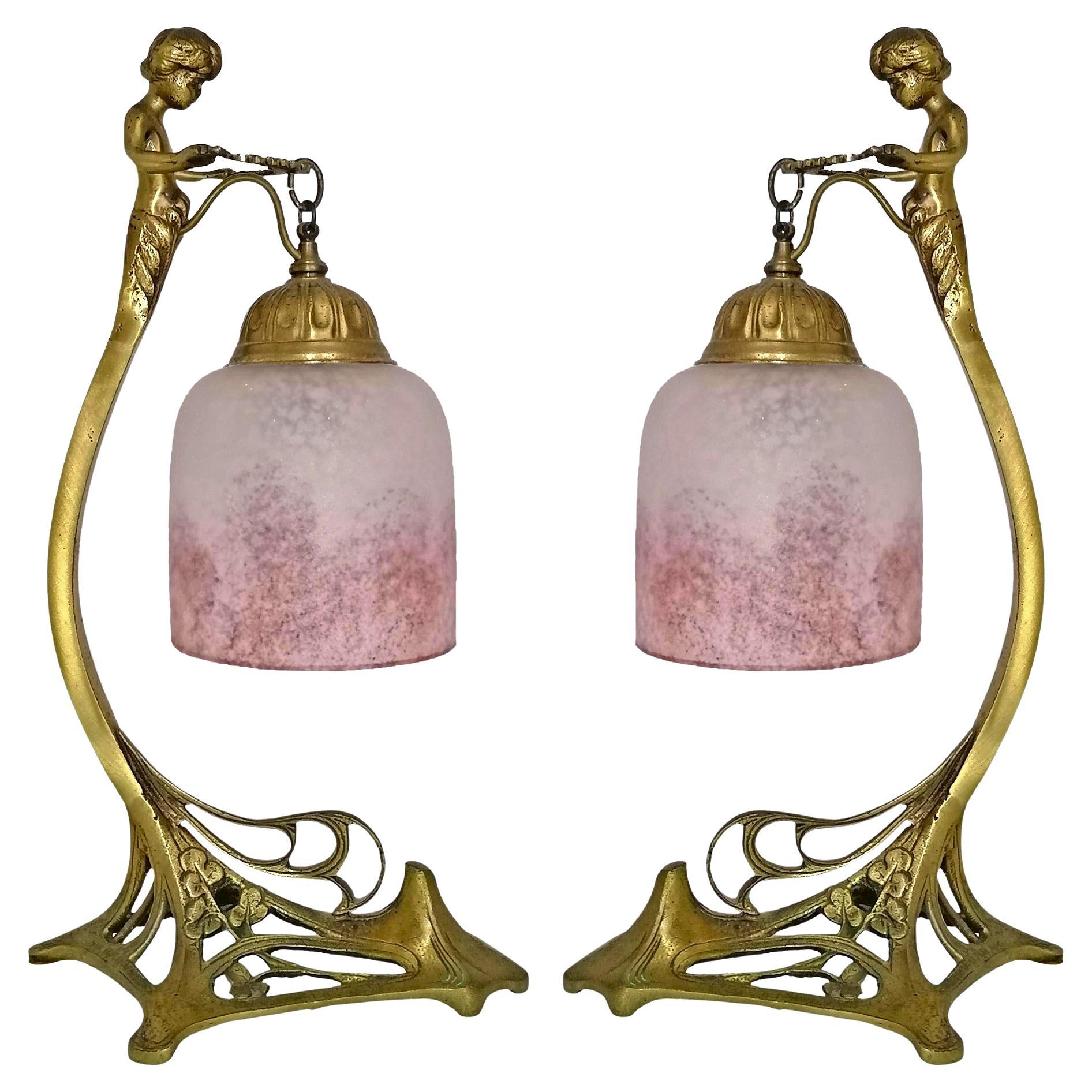 Pair of French Art Deco & Art Nouveau Ornate Bronze & Pink Art Glass Table Lamps